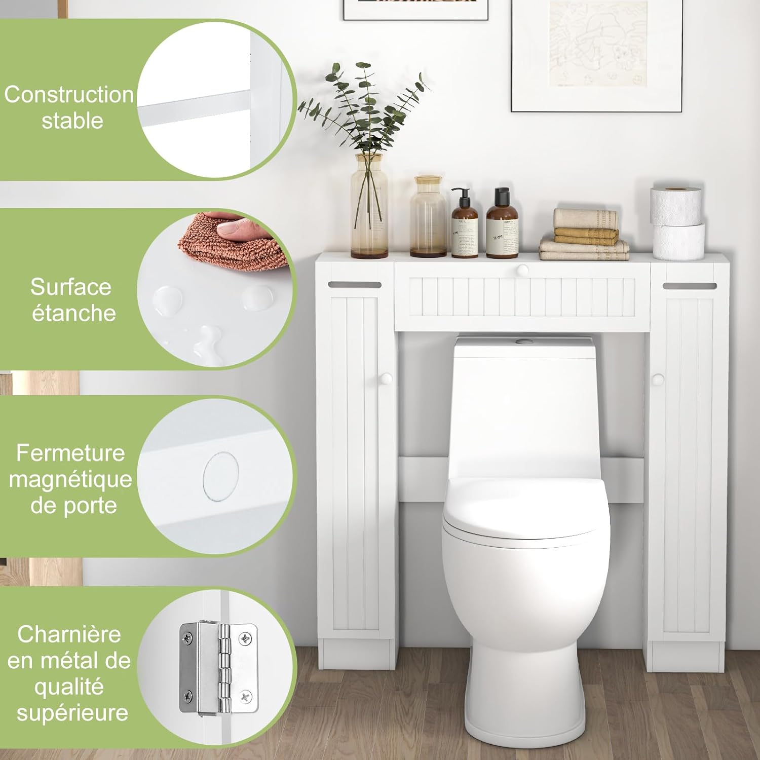 Mobile Sopra WC, Mobile per Bagno con Ripiani Regolabili Portarotolo per Carta Igienica e Anta Ribaltabile, Ideale per Bagno Lavanderia, 89x19 - 2