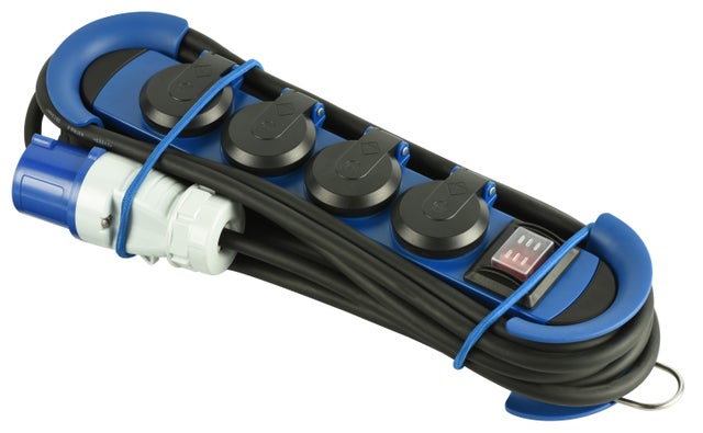 Electraline 62576 Bloc Multiprise Outdoor avec Fiche CEE, 4 Prises Schuko IP44, avec 2 crochets + serre-câbles élastiques, Câble H07RN-F 3G1.5, 3M