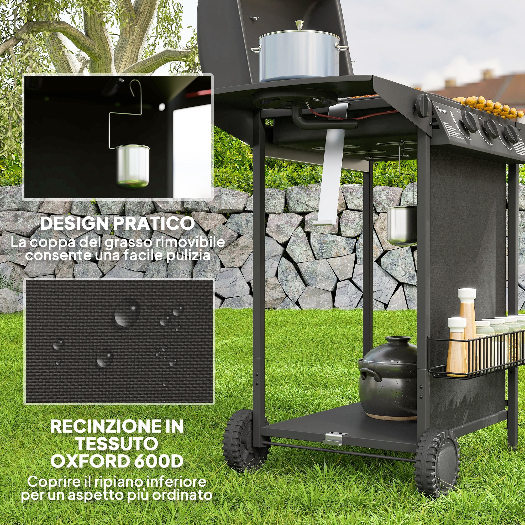 Outsunny Barbecue a Gas con 4 Bruciatori Indipendenti e Coperchio con Termometro, 108x54x97 cm, Nero - 7