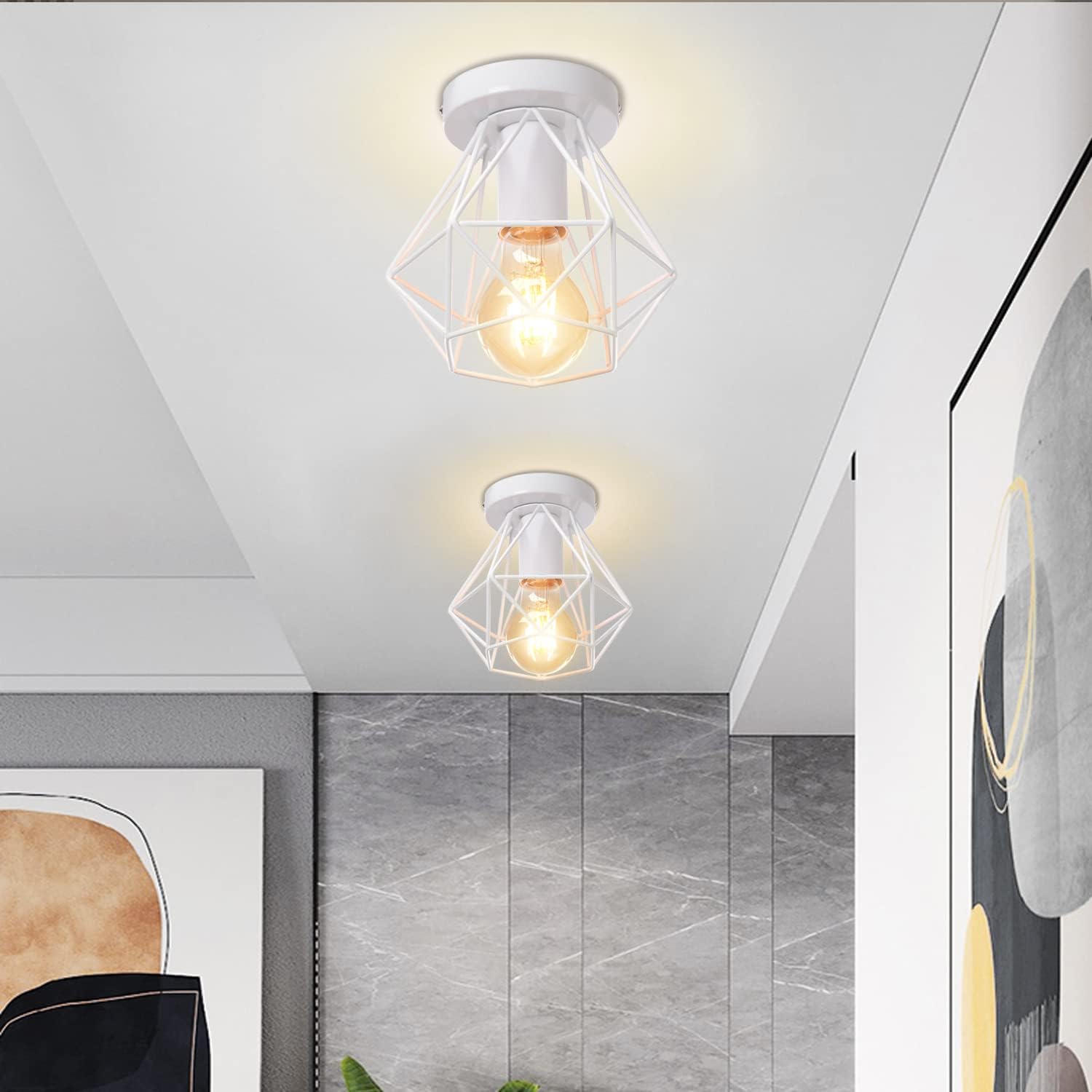 Lot de 2 Plafonnier industrielle cage en métal fer forge, retro suspension luminaire lustre style vintage lampe de plafond, E27 base Ø16cm (Blanc) - 2