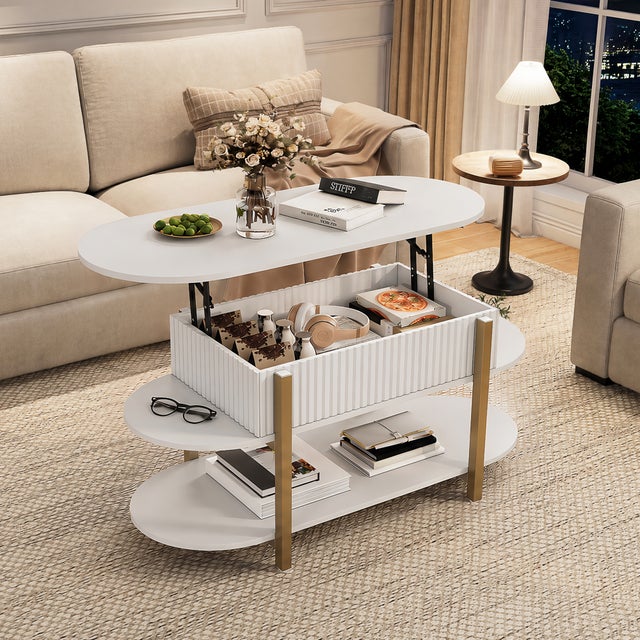 KEFSR Table Basse avec Plateau Relevable Bois MDF,Table de Salon Relevable Moderne avec Compartiment Caché et Étagère,Réglable,106x45x50cm,Blanc