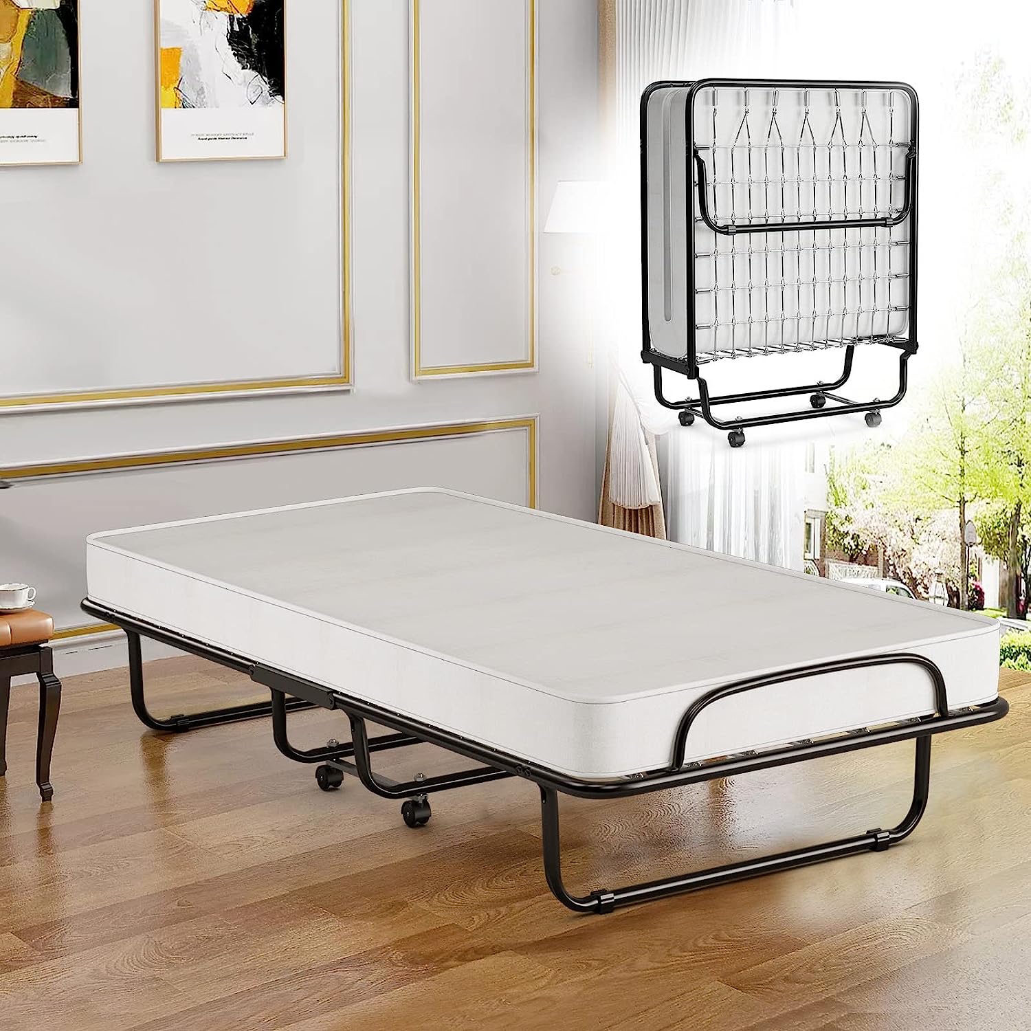 Giantex Letto Pieghevole Singolo Con Materasso Memory Foam 10cm E Cuscino - Struttura In Metallo Con Ruote E Tasca, Ideale Per Ospiti, 190x99 Cm - 2