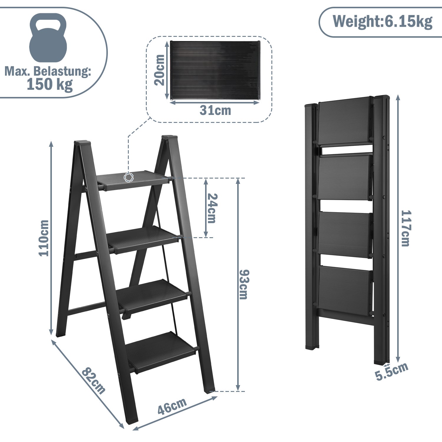 Escabeau Pliant,Échelle en alliage d'aluminium 150kg capacité - 4 marches Noir, environ 110CM - 2