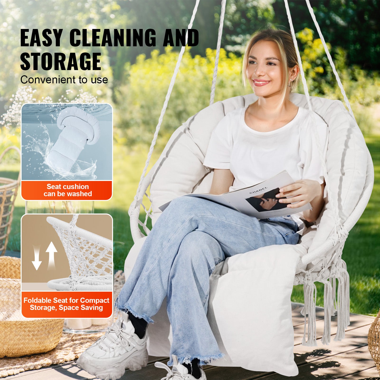 Fauteuil suspendu,VEVOR 150 kg,chaise suspendue pivotante macramé,coussin,matériel montage,corde en coton,chaise relax à franges,pour chambre - 6