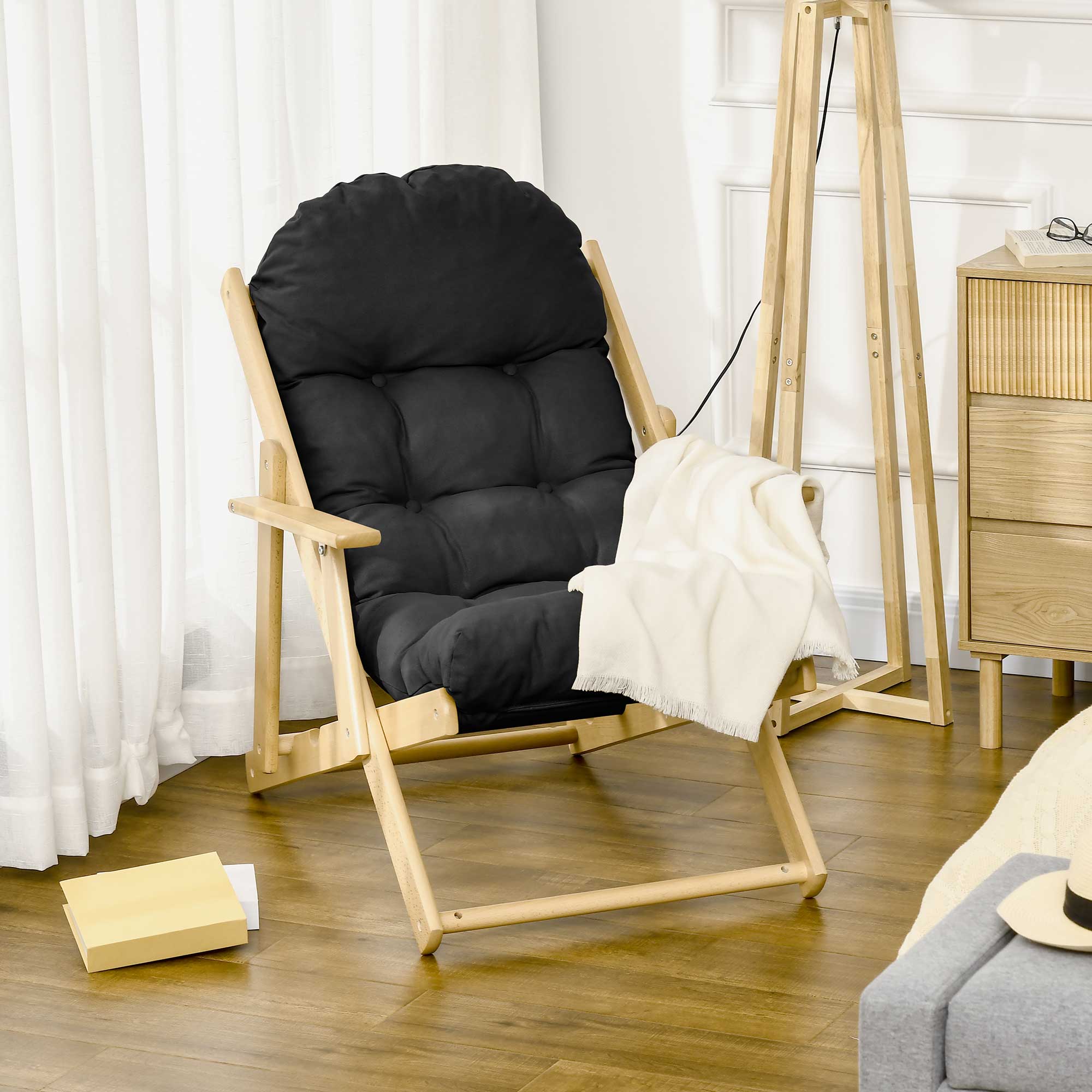 Fauteuil et méridienne de salon pliables et inclinables en bois, fauteuil confortable et relaxant avec coussin épais capitonné - 3