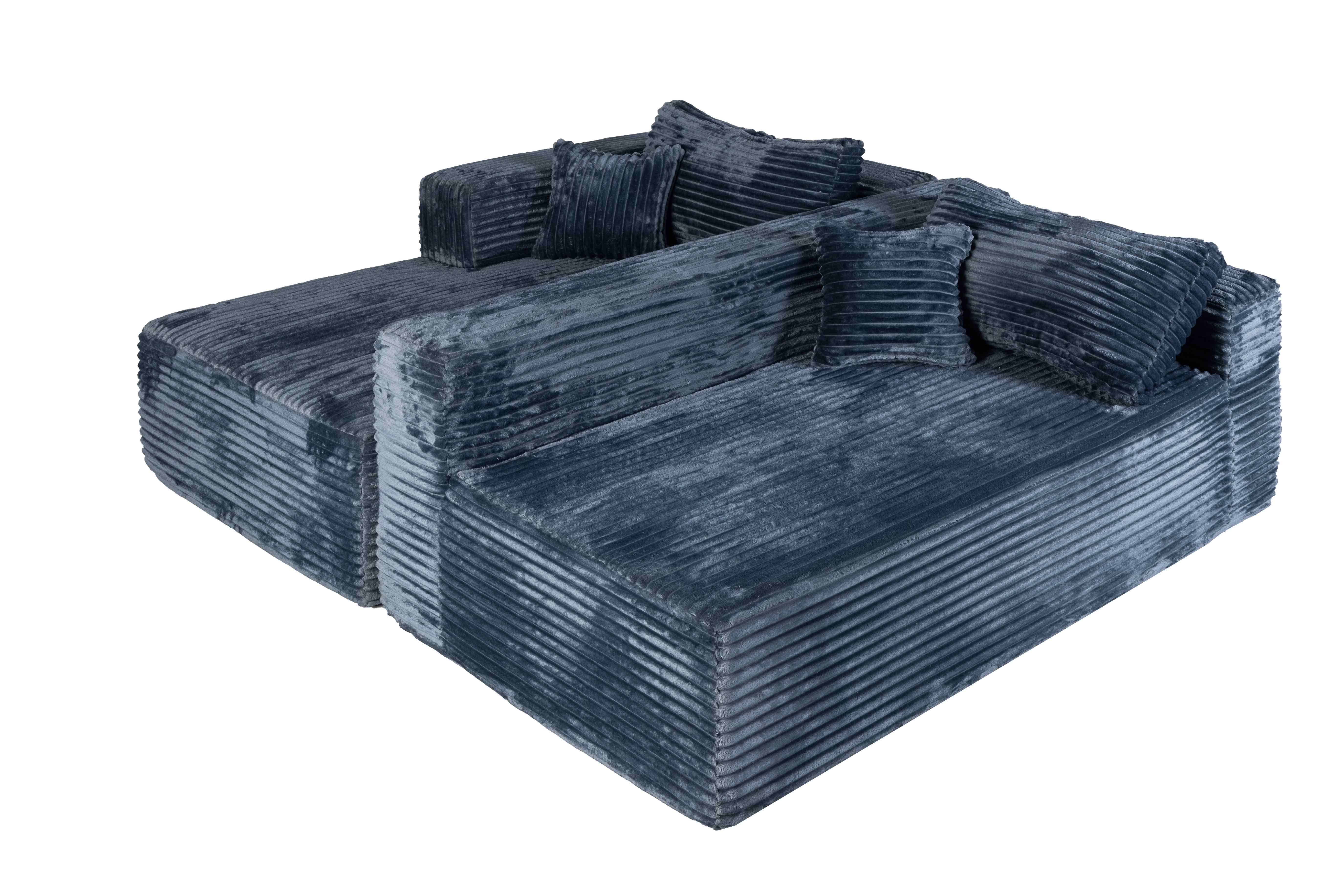 Ensemble de canapés modulaires en velours côtelé, ensemble de canapés en L sur pied, prêt à assembler, adapté aux salons, bleu - 7