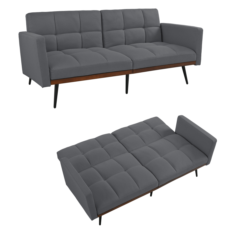 Futon, Mid-Century, mieszanka lnu, 146 cm, regulacja w 5 kierunkach, nogi metalowe, szary