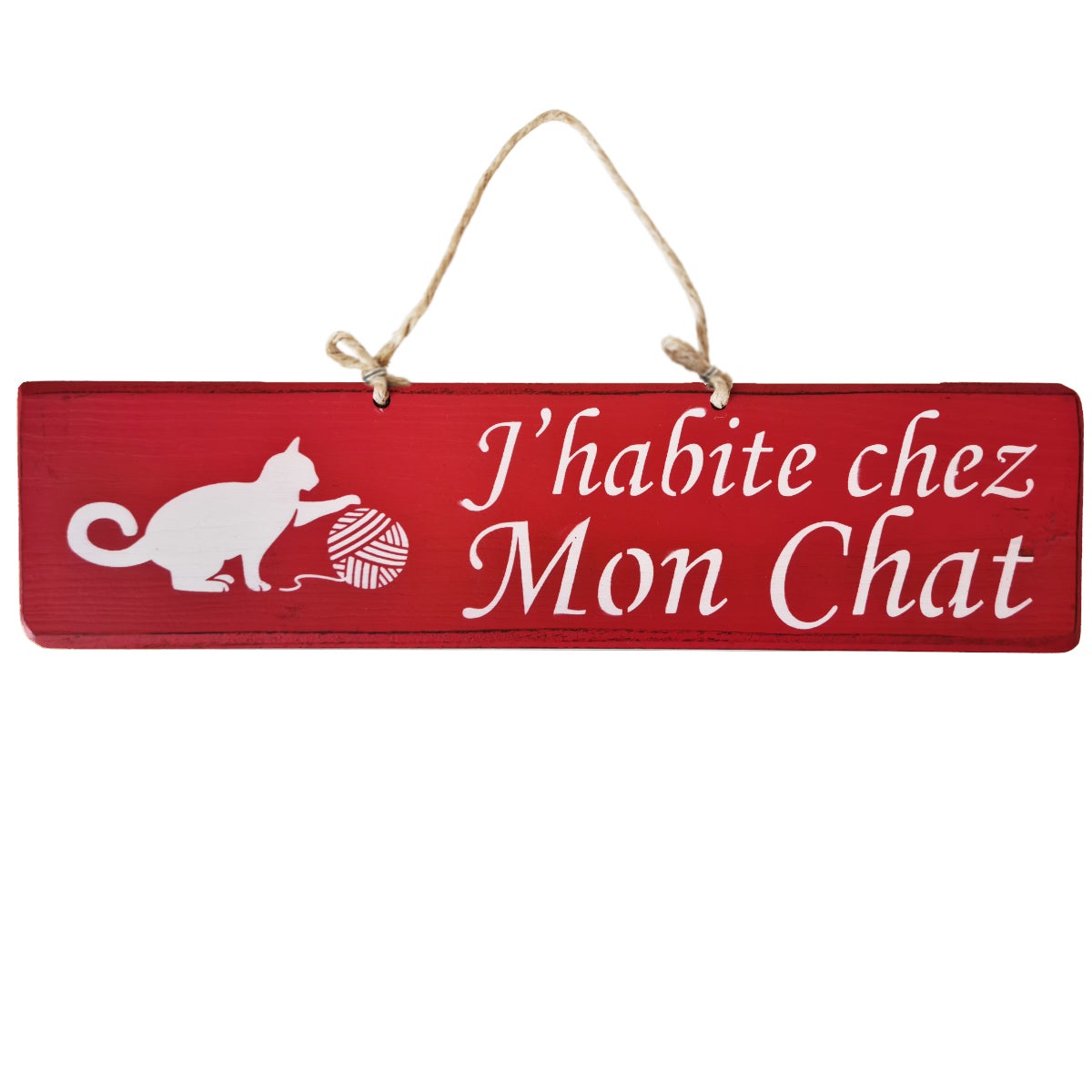 Plaque Décorative En Bois Rouge 'J'habite Chez Mon Chat' - QualiArt - Neuf Sous Emballage