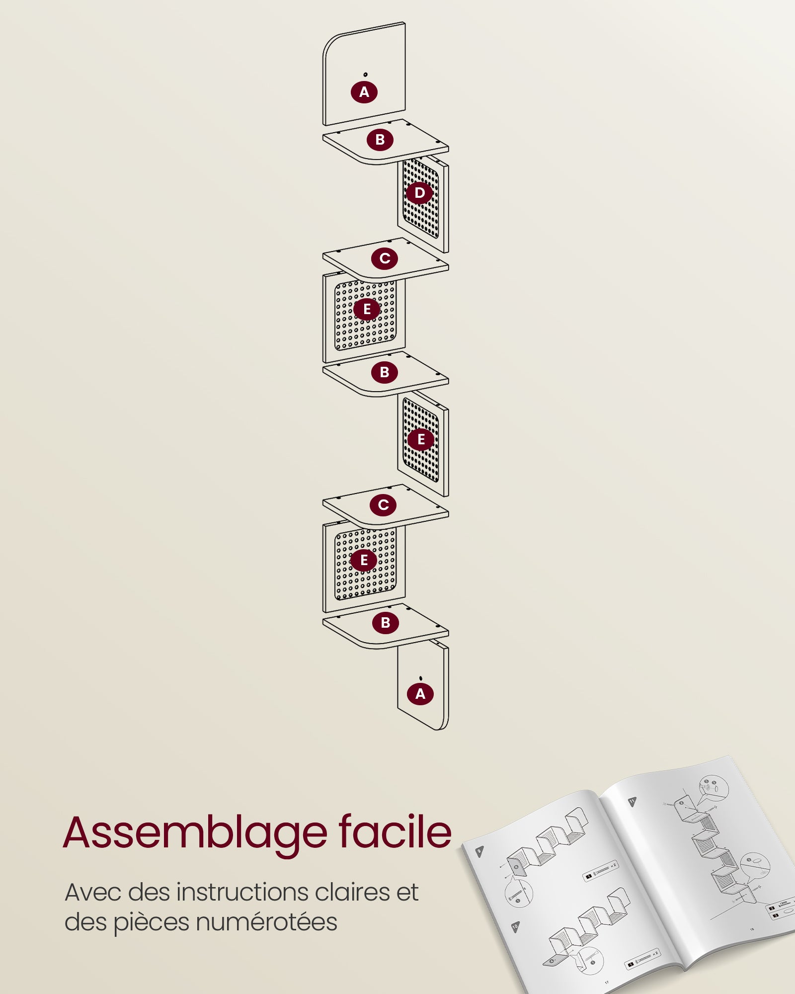 Étagère d’Angle, Étagère Murale Flottante à 5 Niveaux, Côtés en Rotin PVC, Style Boho, Couleur Chêne Beige - 7