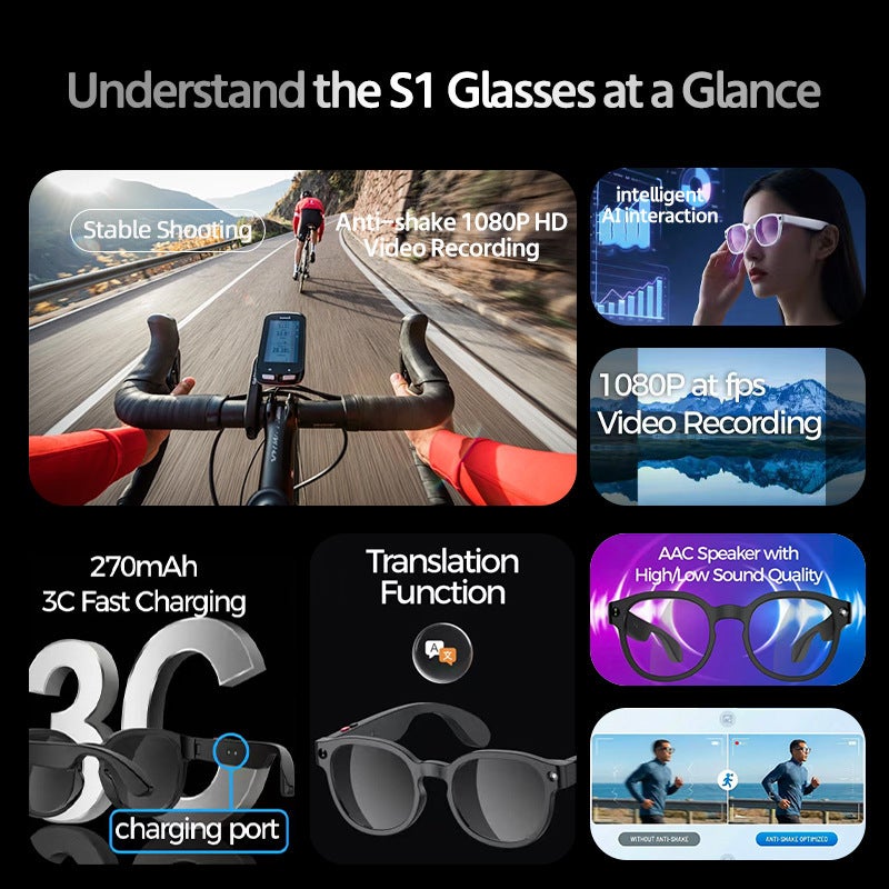 Lunettes intelligentes S1&nbsp;: traduction IA, assistant vocal, reconnaissance d’images IA, qualité sonore supérieure, enregistrement HD. - 3