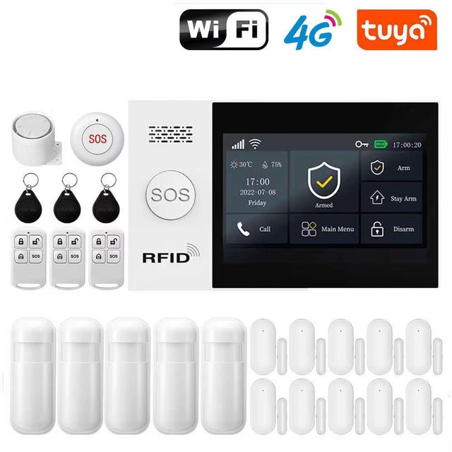 Bextcok Système d'alarme de sécurité domestique sans fil en 24 pièces—Compatible Tuya ; GSM, 4G et Wi-Fi ; contrôle via application ;compatible Alexa.