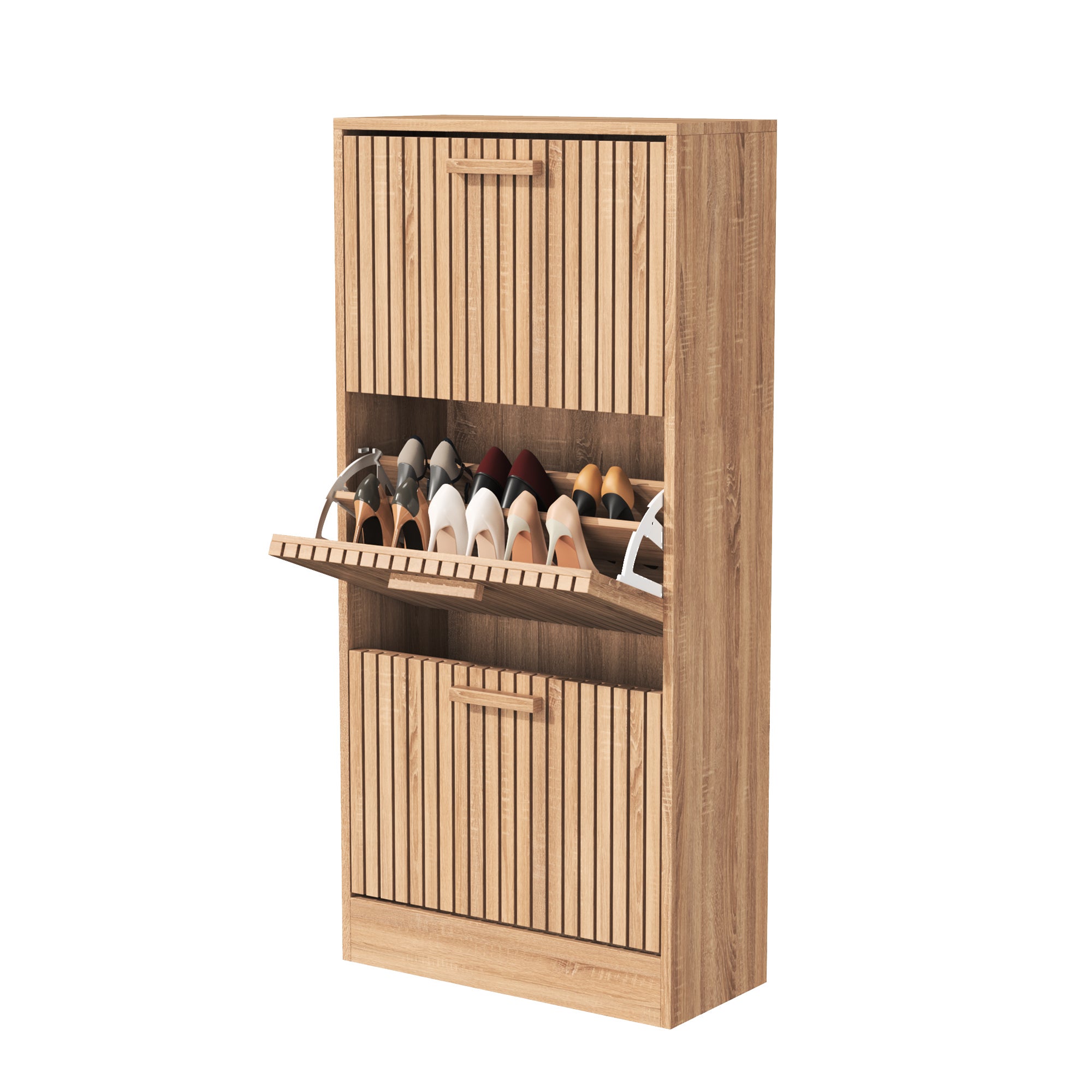 Meuble à chaussures aspect bois, 3 portes abattantes, capacité maximale 18-21 paires, H.113 x l.60 x P.24 cm - coloris bois naturel - 9