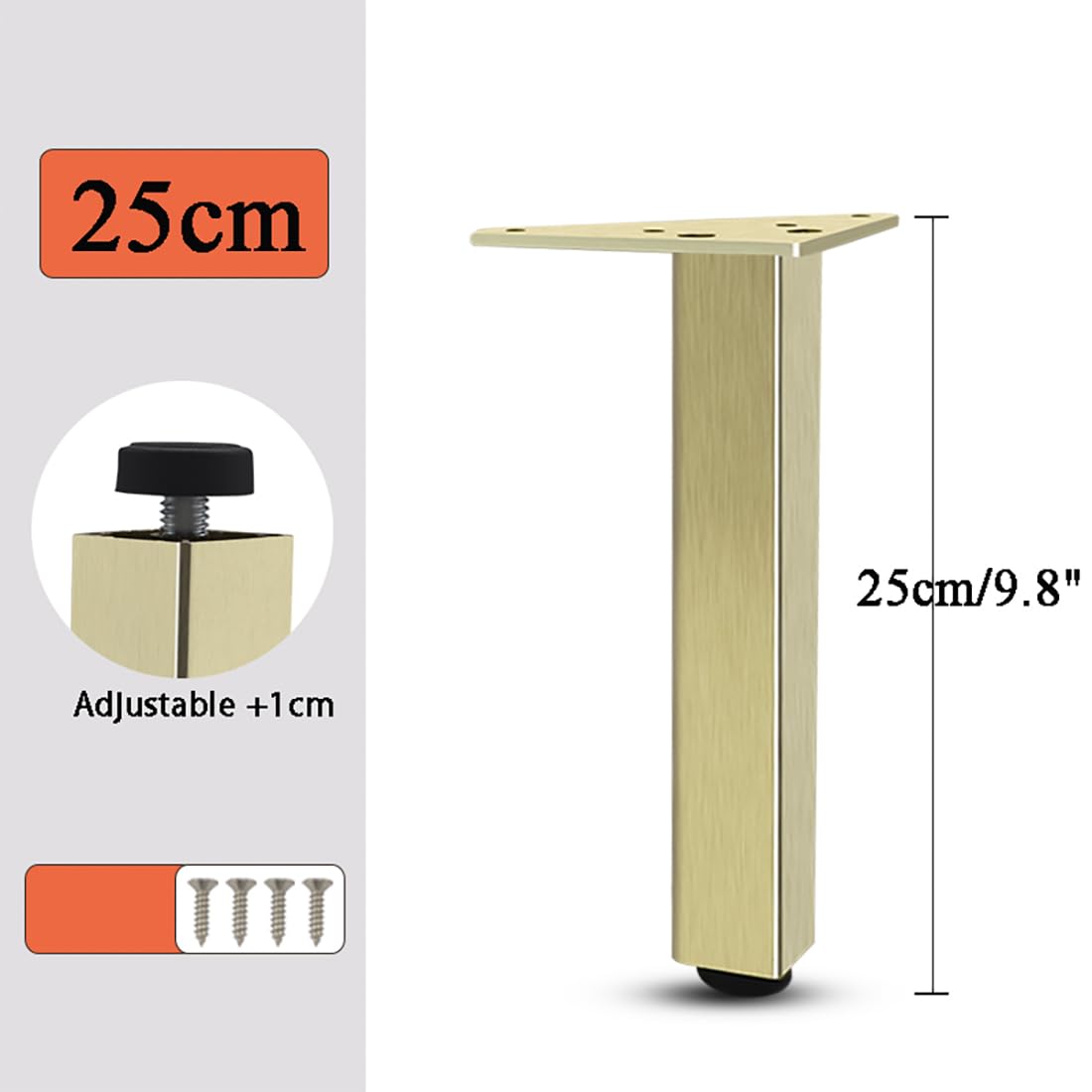 Or, Lot de 4 Pieds de Meubles Pied de Table Ronds Réglable, Aluminum Alloy 6-60cm Socles Pieds Meuble Cuisine TV Commode Pieds ，25cm/9.8
