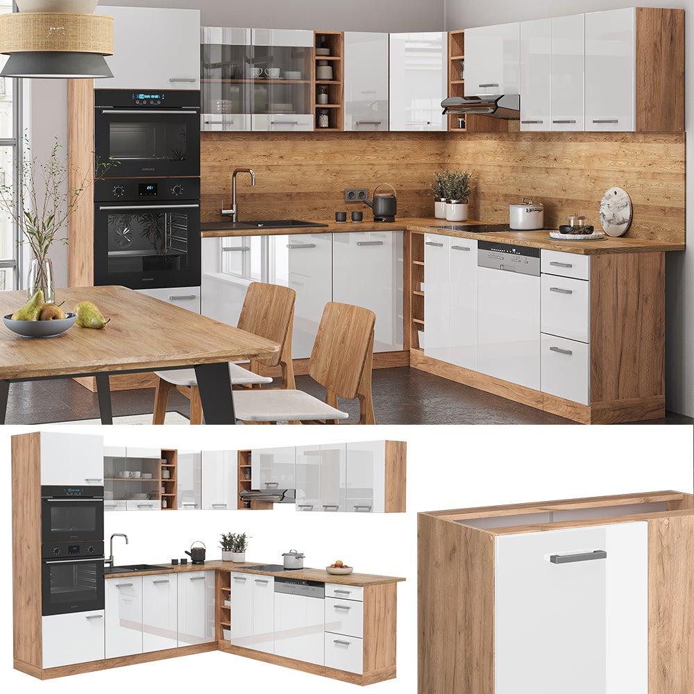 Vicco Cuisine en angle R-Line, Blanc brillant/Chêne doré, 247x46cm sans PT - 4