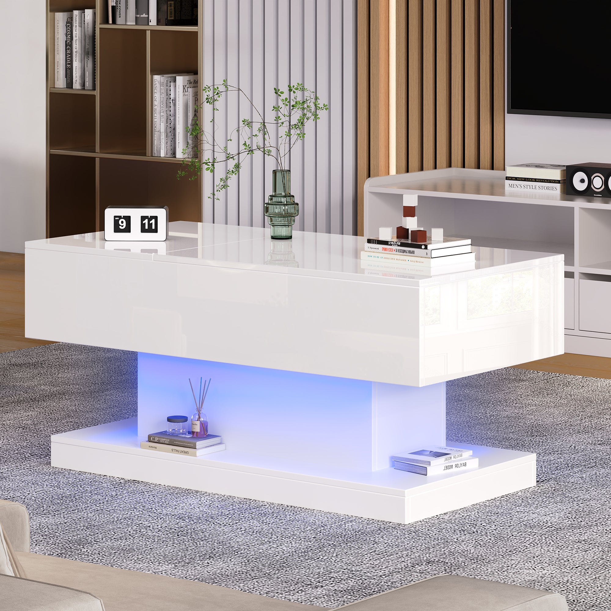 Table basse avec plateau relevable - 100 x 50 x 45 cm - LEDs - Panneaux de particules et métal - Blanc brillant - 6
