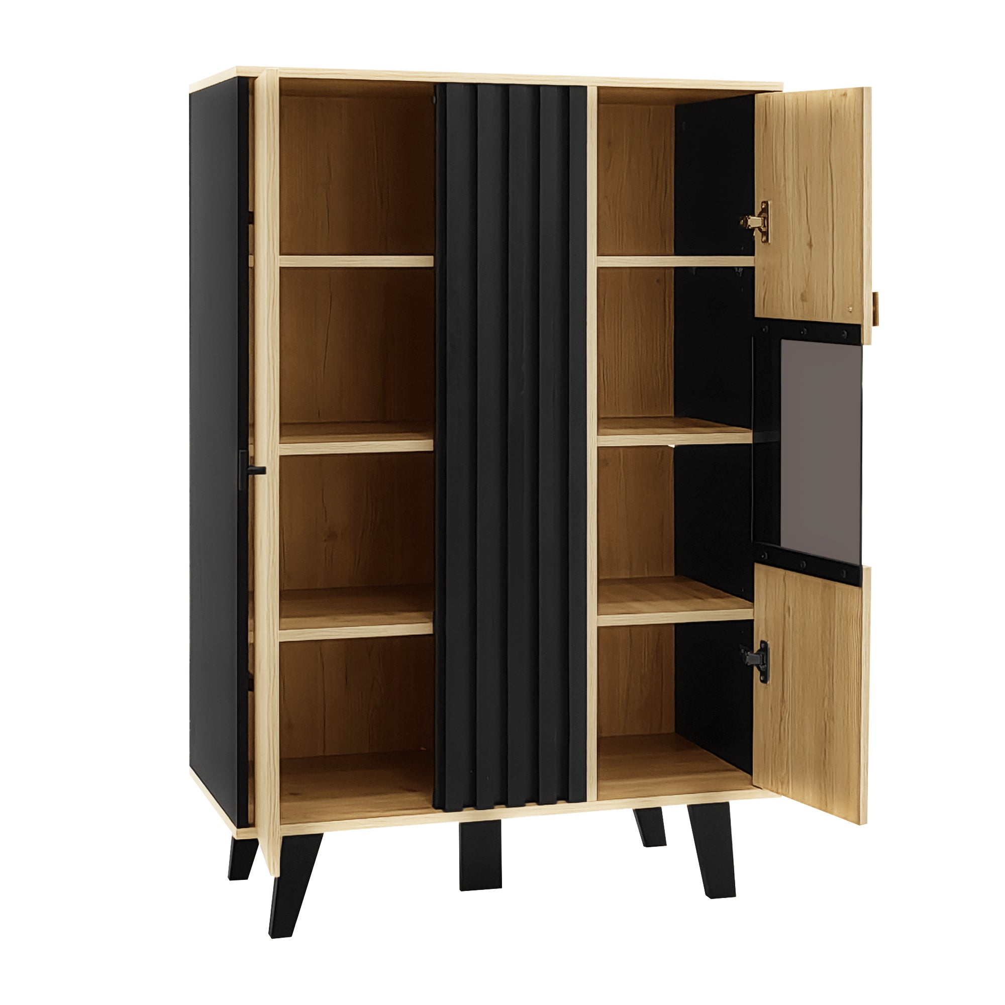 Buffet, Grande Vitrine Armoire 80x120x40 cm avec Éclairage LED, 3 Étagères et Portes Vitrées, Rangement Polyvalent - Noir et Bois - 6
