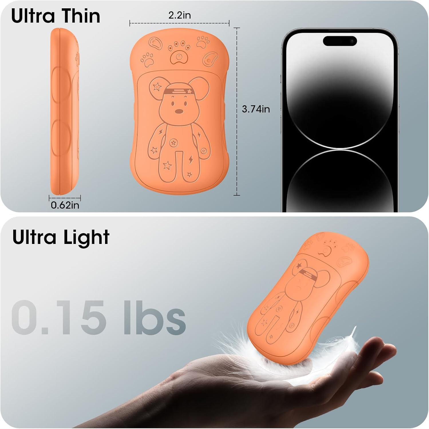 Scaldamani ricaricabili (confezione da 2), scaldamani elettrico 2 in 1, riscaldamento bifacciale, adatto per uomini e donne, arancione. - 4