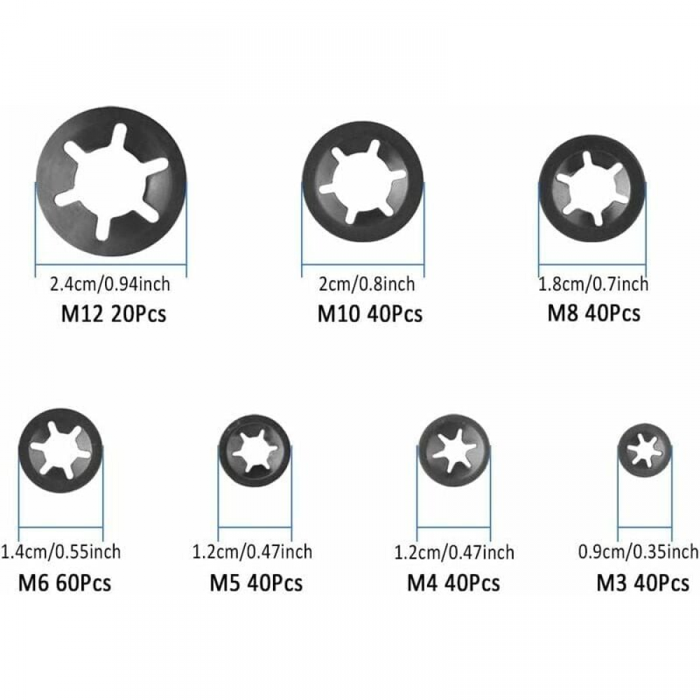 280 sztuk podkładek zabezpieczających, M3, M4, M5, M6, M8, M10, M12, czarne - 3