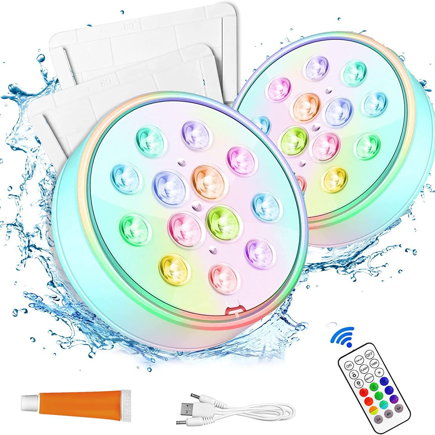 Zestaw 2 ładowalnych, zanurzalnych lamp LED, Oświetlenie LED do basenu z pilotem, Wielokolorowe światła nastrojowe RGB