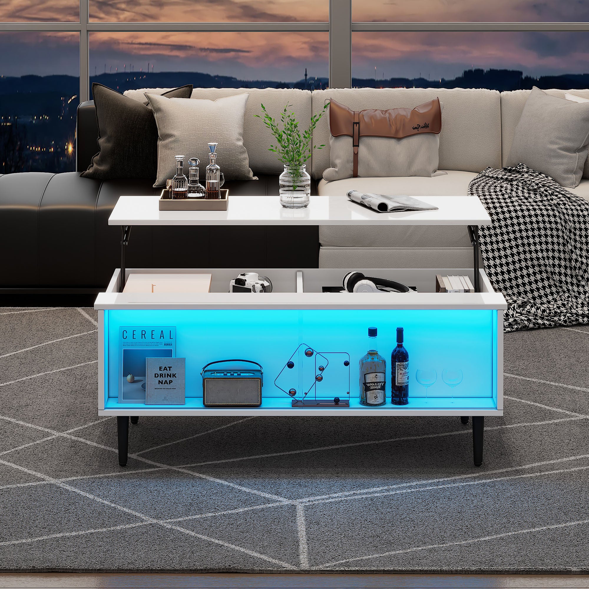 Regulowany stolik kawowy 105×50×43 cm - z oświetleniem LED - blat ze szkła hartowanego - biały