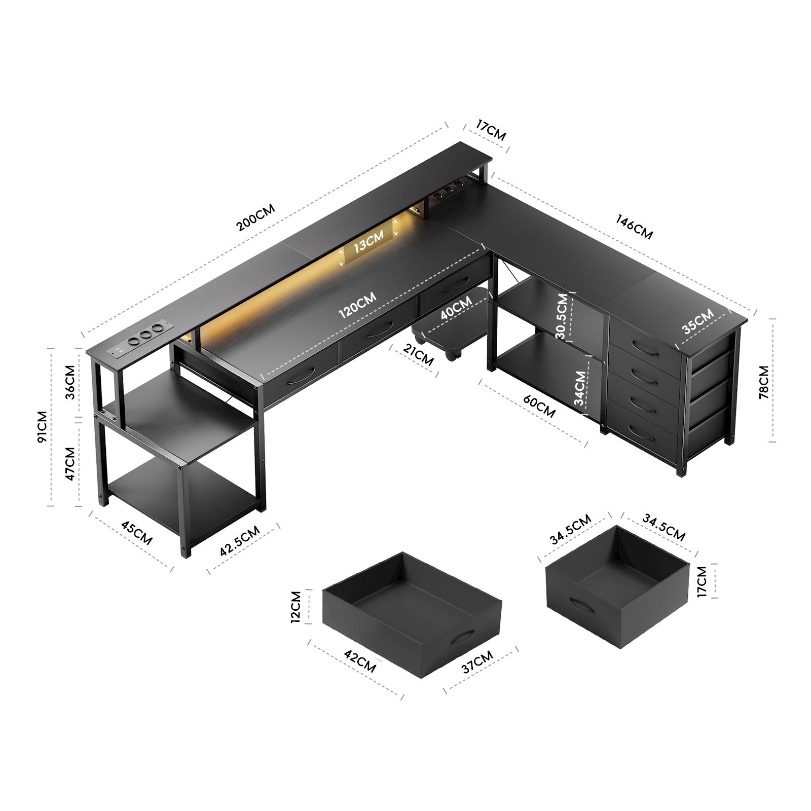 Scrivania da gioco da 140 x 60 cm con luce LED, forma a Z, supporto per monitor, portabicchieri, gancio per cuffie, nero carbone | Leroy Merlin