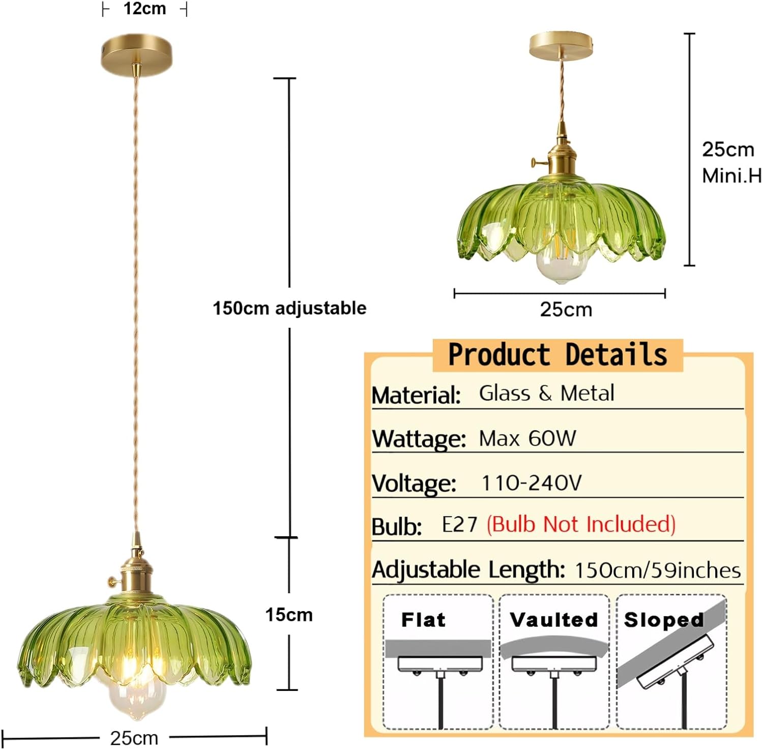 25 cm industriel Vintage pendentif éclairage verre Lotus lampe suspension lustre E27 laiton finition plafond suspension lampe (Vert) - 2