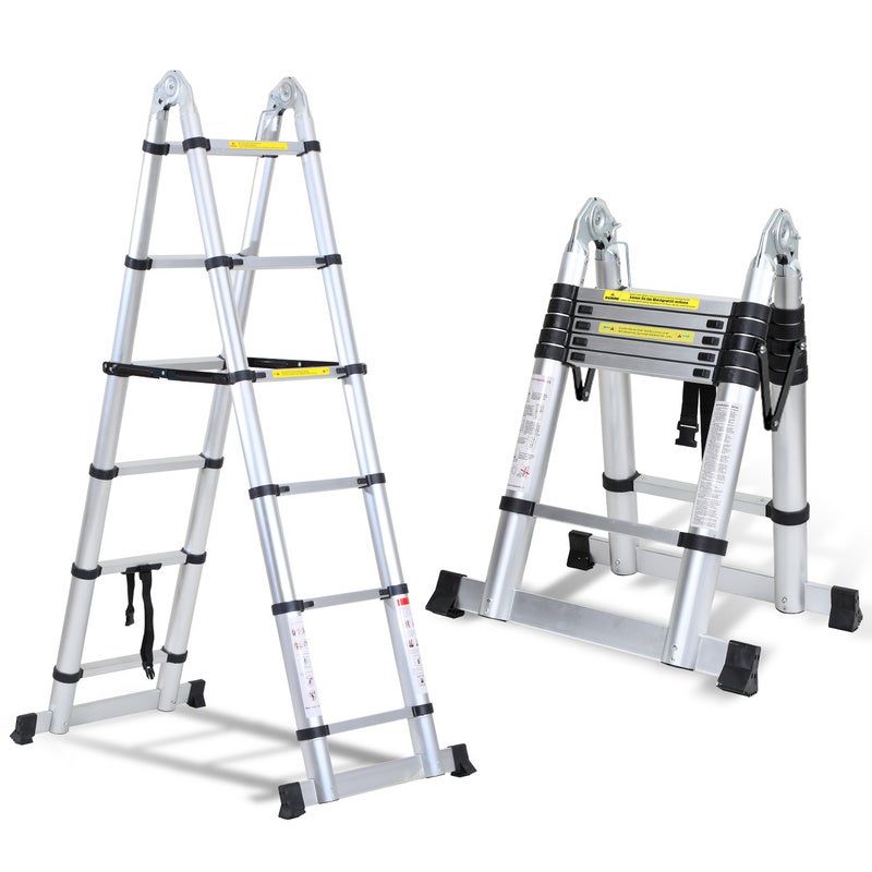 Escalera telescópica escalera plegable escalera de aluminio sin ganchos con estabilizador con ruedas 1,9m+1,9m plata