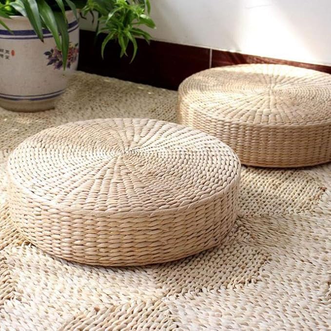 1 PCS - 40 cm Coussin de siège plat en paille, style japonais, en rotin tressé - Coussin rond pour tapis de yoga, pouf ou tatami - 2