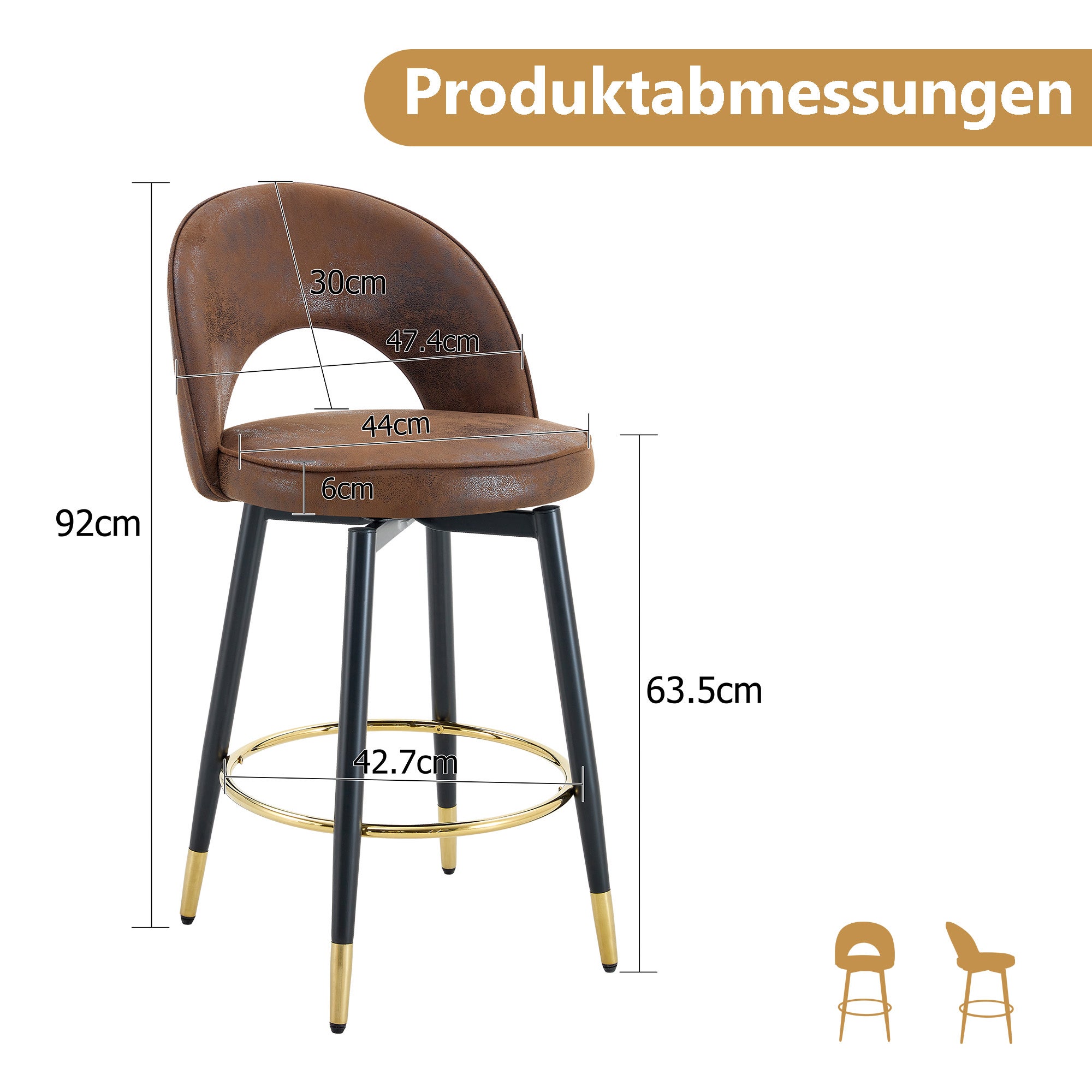 Lot de 2 Tabourets chaise de bar Pivotants à 360° Brun, Chaise salle a manger avec Dossier Ajouré, Chaise de salon Structure Métallique, Tissu en PU - 9