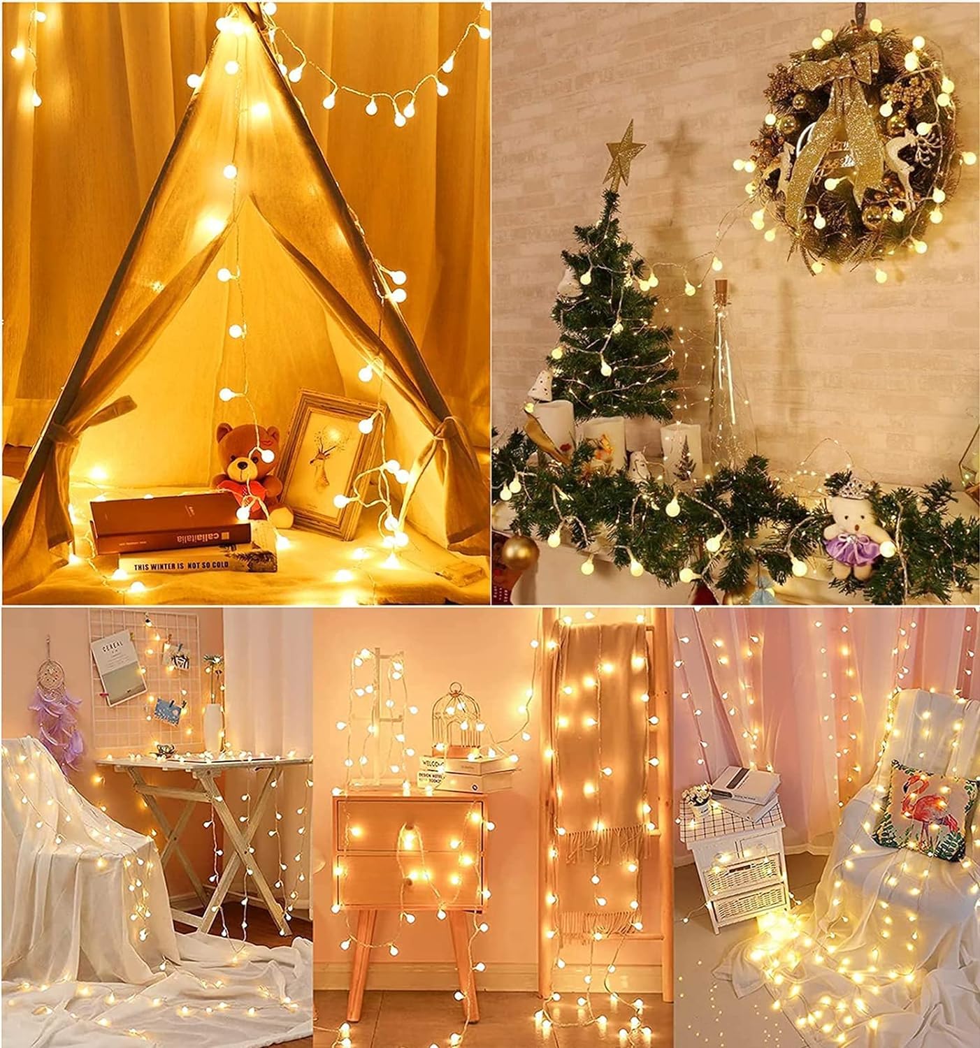 Guirlande Lumineuse Boules, 12m 120 LED Interieur Exterieure Guirlande Lumineuses Sphérique 8 Modes avec Prise Ampoules Lumières, Blanc Chaud - 5