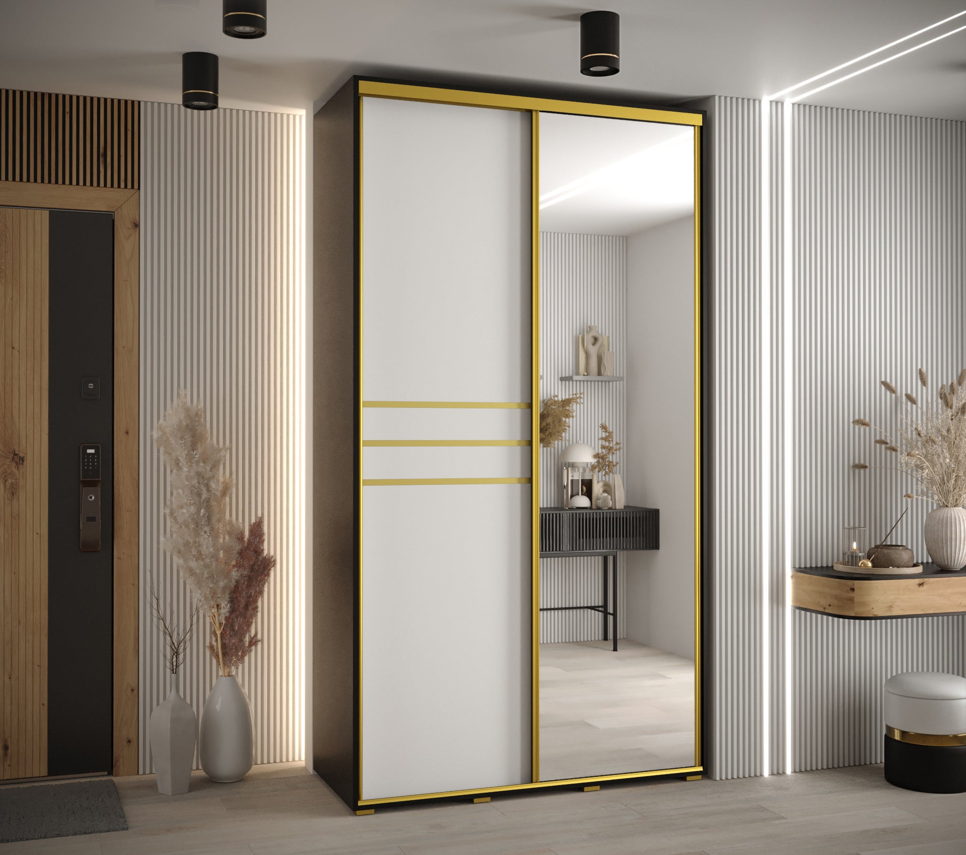 Szafa przesuwna z lustrem wysoka Davos 11 140 x 60 x 235,2 cm czarny + biały + u. złoty - Abiks Meble - 2