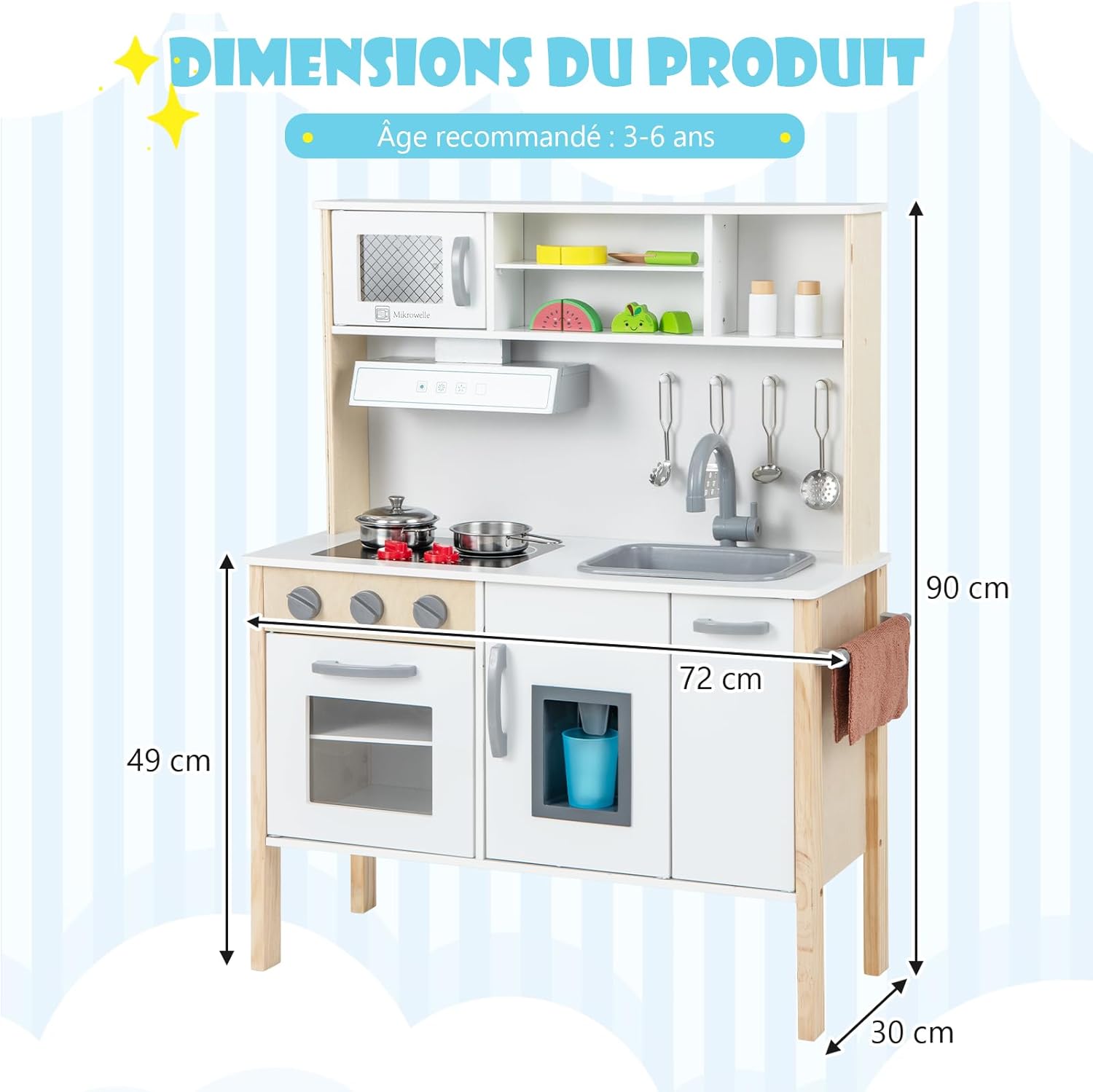 Cuisine Enfants en Bois avec 18 Accessoires, Jeu d'Imitation pour Enfants de 3-6 Ans,72 x 30 x 90 cm - 5