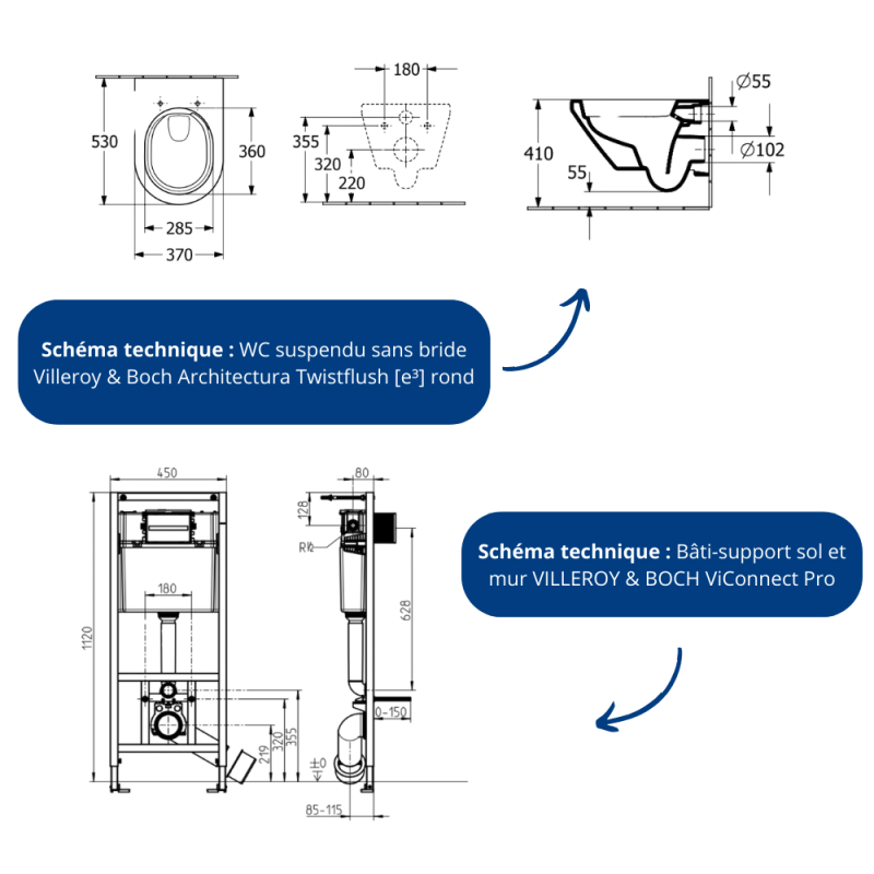 Pack WC suspendu sans bride Villeroy & Boch Architectura Twistflush [e³] rond + bâti-support sol et mur + plaque blanc - 4
