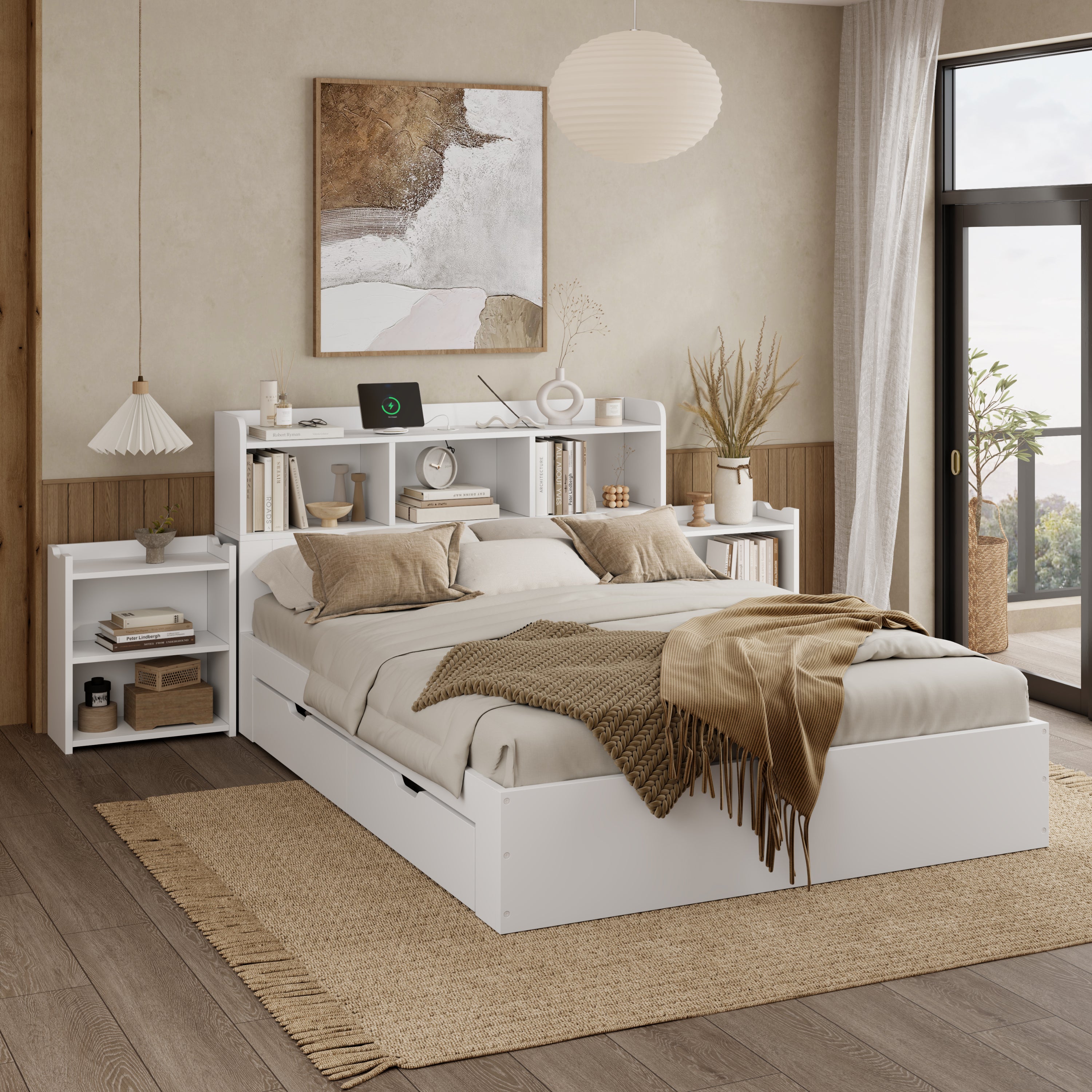 Letto matrimoniale 140x200cm con comodini scorrevoli con - Main Image