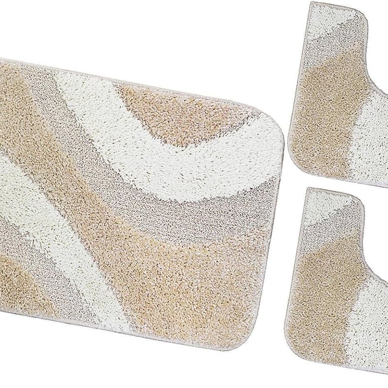Zestaw 3 Beżowy Dywaników Shaggy 3D łazienkowych Girowater Miękki Chłonny Antypoślizgowy