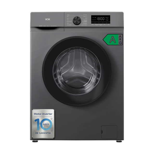 Lavadora VOK 8kg, Clase A, Motor Inverter, Vapor, 14 Programas, 1200 RPM, 74dB, 84x60x49 cm, Color Gris – EVW-8BAGL2412