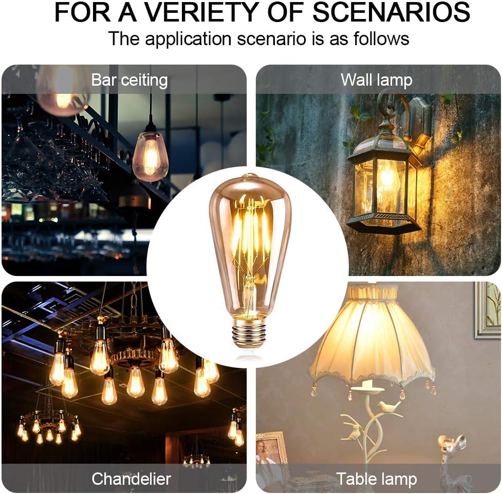 Ampoule E27 Vintage,6 Pièces Ampoule Edison LED E27 ST64 Lampe Décorative Rétro Edison Ampoule Vintage Antique Lampe 4W Filament Blanc Chaud - 5