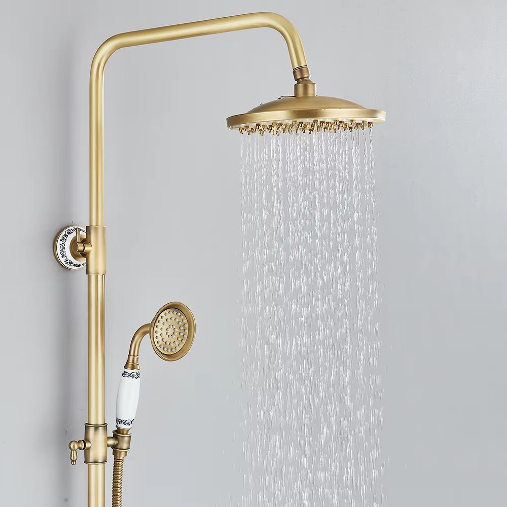 Colonna doccia in ottone anticato, set rubinetto doccia con portaoggetti, doccia a pioggia con doccetta e bocca per vasca, altezza regolabile - 7