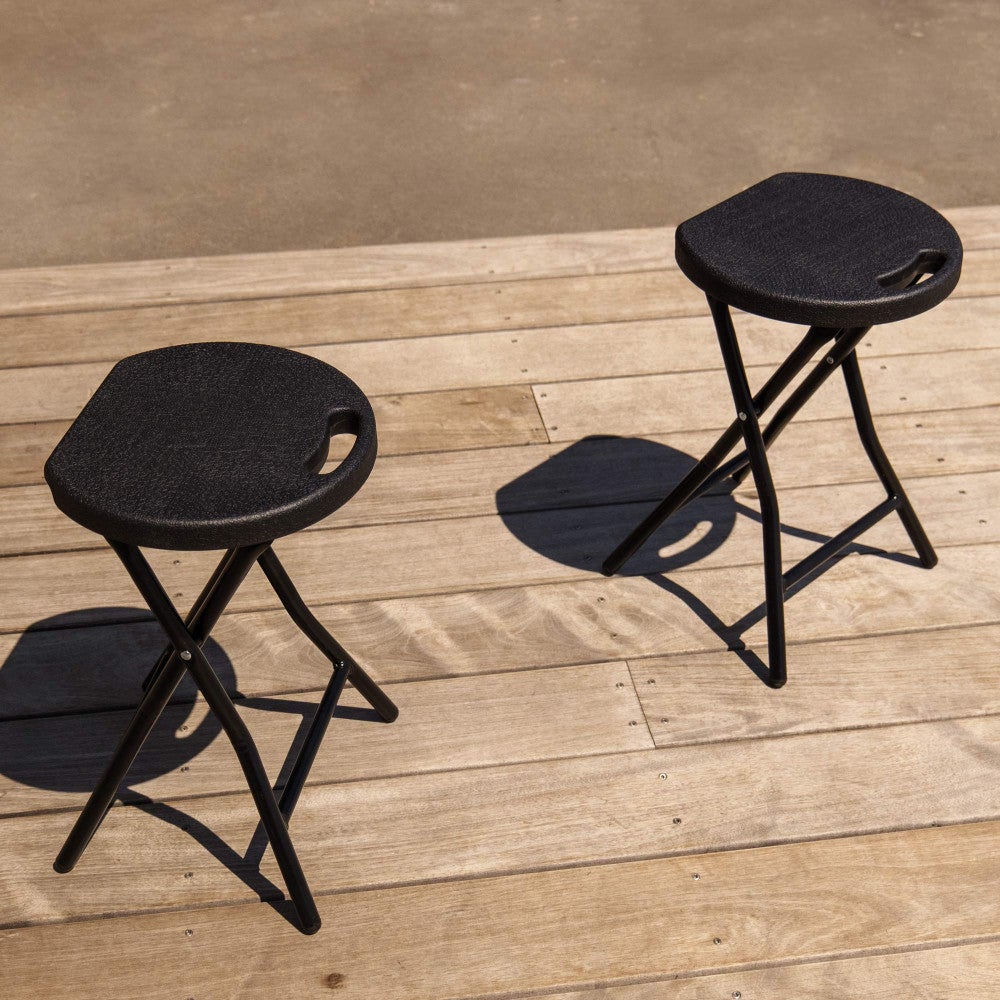 Tabourets pliants x2 - Ht 46cm - Tabouret pliable de Jardin, Terrasse, Balcon - Noir - Siège résine Structure Acier - Poignée - 3