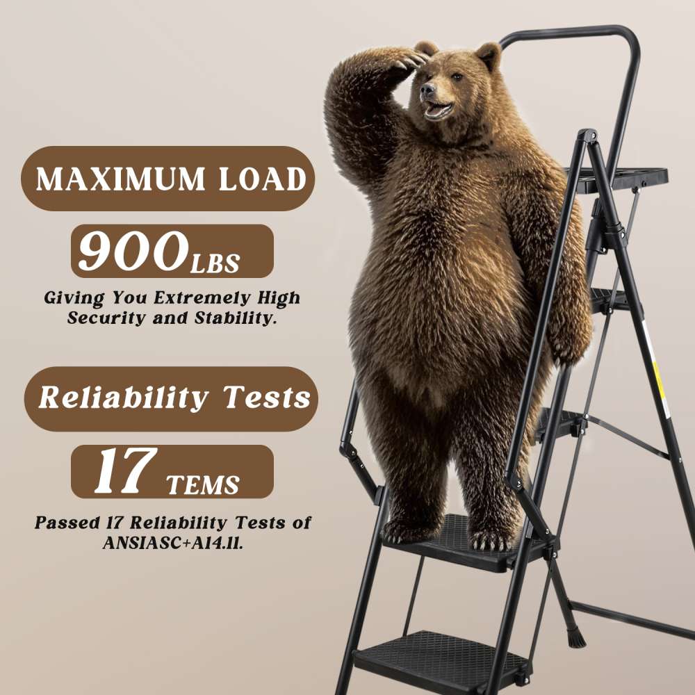 Escabeau 4 marches acier robuste avec main courante, pédales larges antidérapantes, 150 kg, pliant cuisine maison - 4