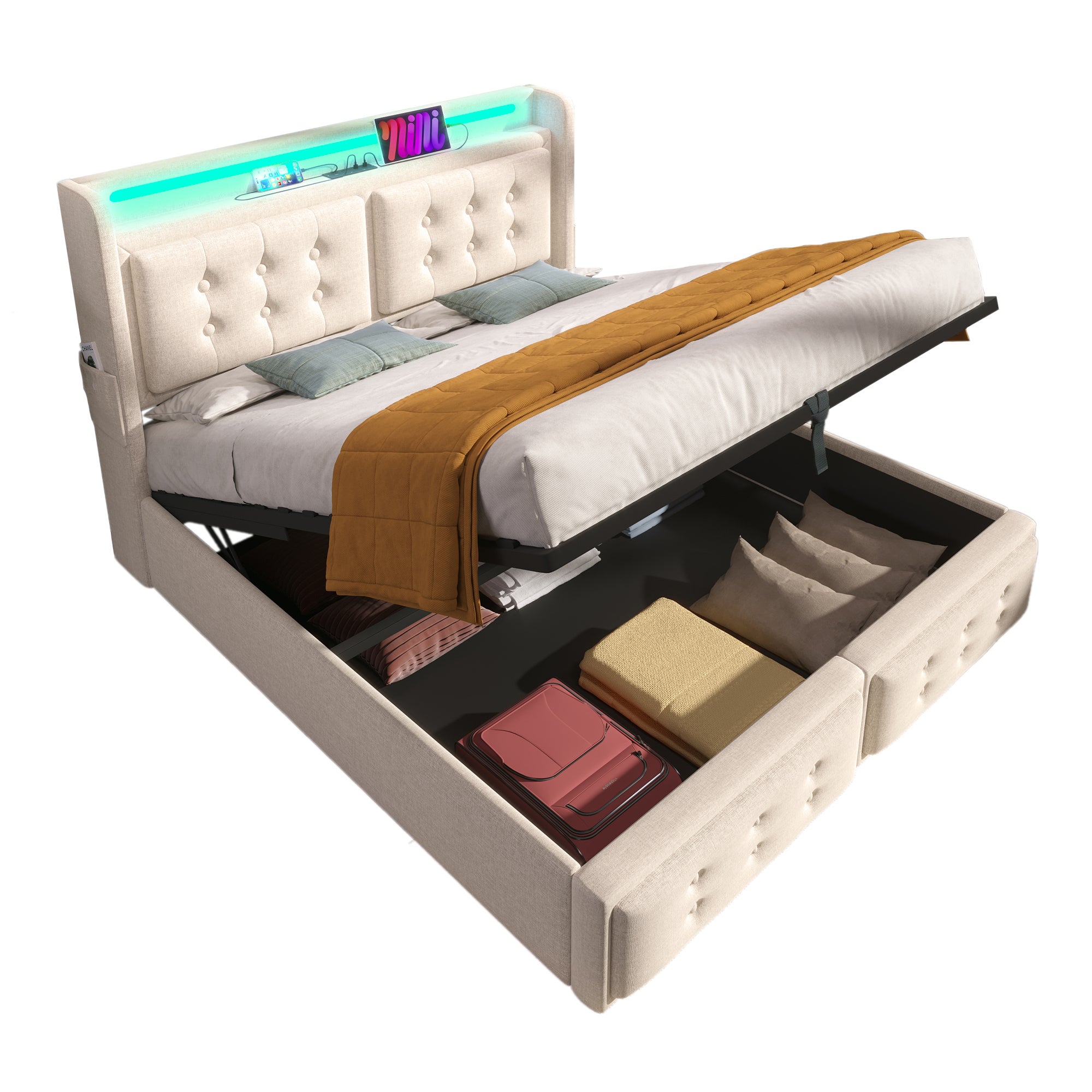 Cama contenedor 140 x 200 cm con cabecero LED, toma USB tipo C - Tejido de algodón - Beige (sin colchón) - 7