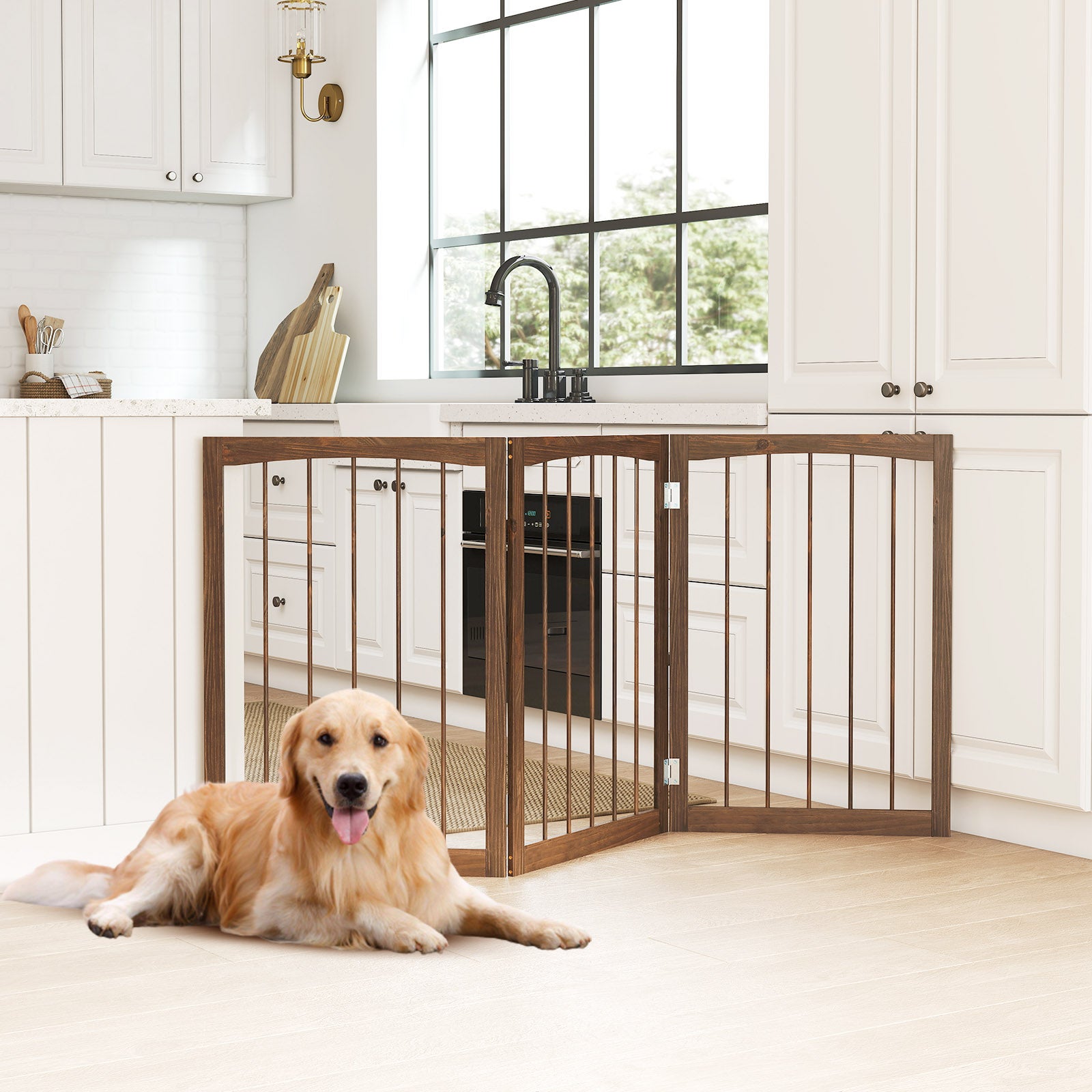 Barreira de segurança para cães, barreira dobrável para cães com 3 painéis, estrutura em madeira de abeto, dobradiças flexíveis, para escadas e salas - 8