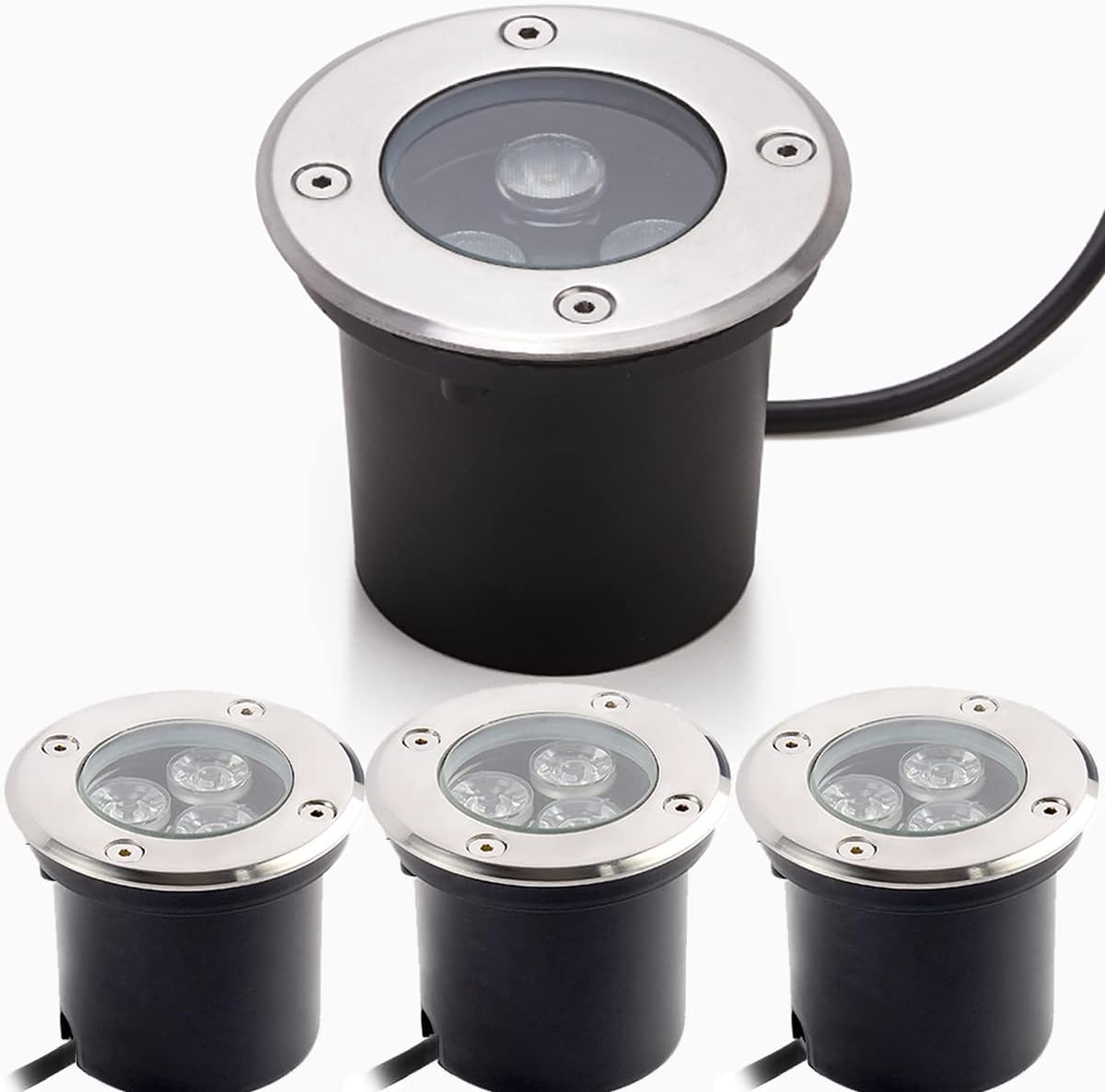 Zestaw 4 wpuszczanych zewnętrznych reflektorków LED, 3 W, IP67, 280 lumenów, do oświetlenia dziedzińca, ogrodu, balkonu i ścieżek.