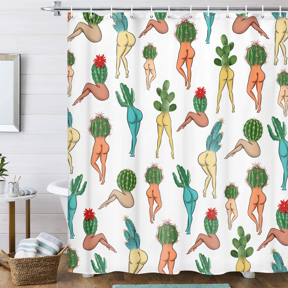 Zabawna zasłona prysznicowa z tkaniny z wzorem kaktusa, słodka i seksowna, lata 70. i 80., styl hipisowski, psychodeliczny, biała, 150 x 180 cm