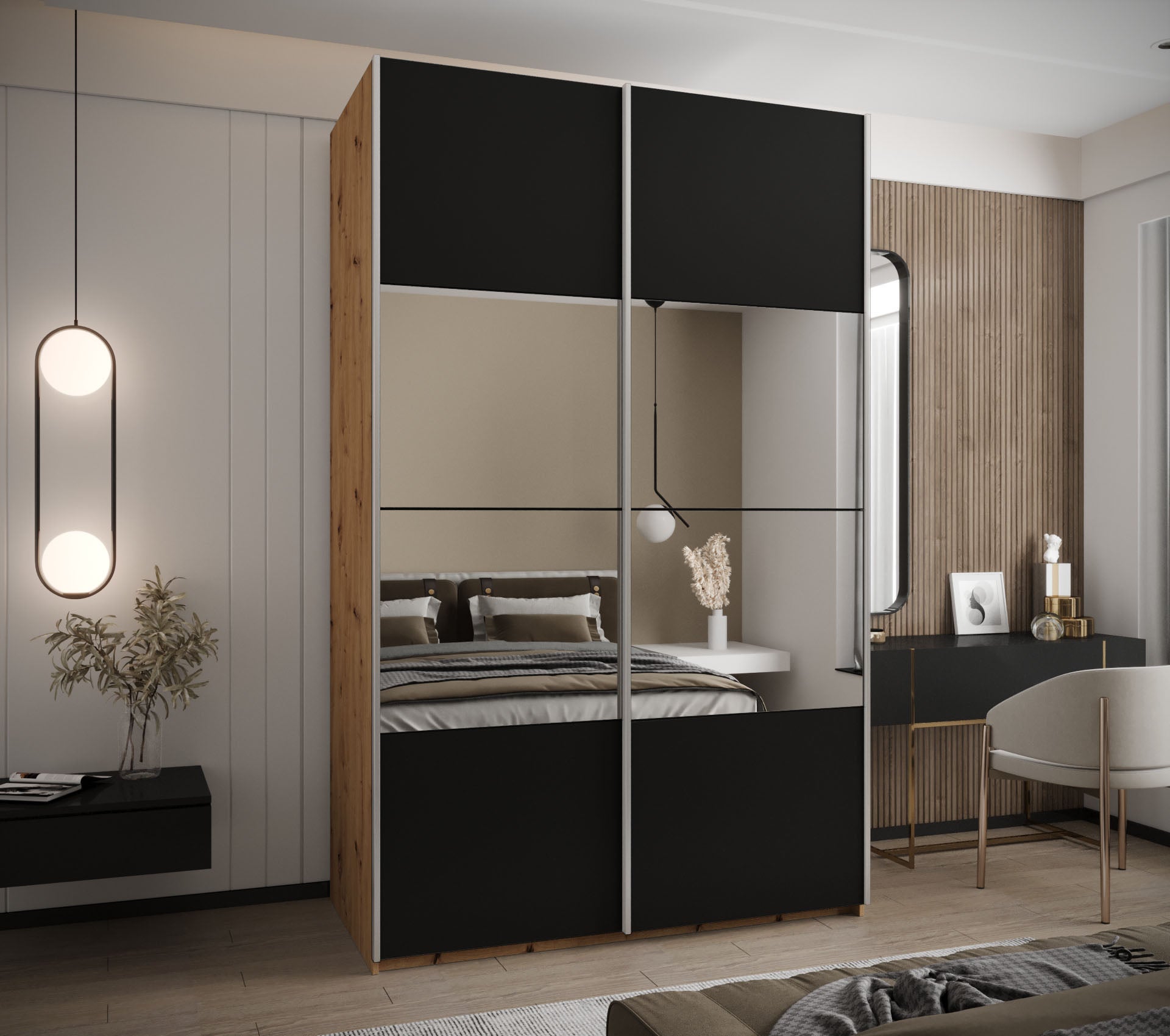 Szafa przesuwna wysoka Lux 4 150 x 64 x 245,5 cm artisan + czarny + u. srebrny - Abiks Meble - 2