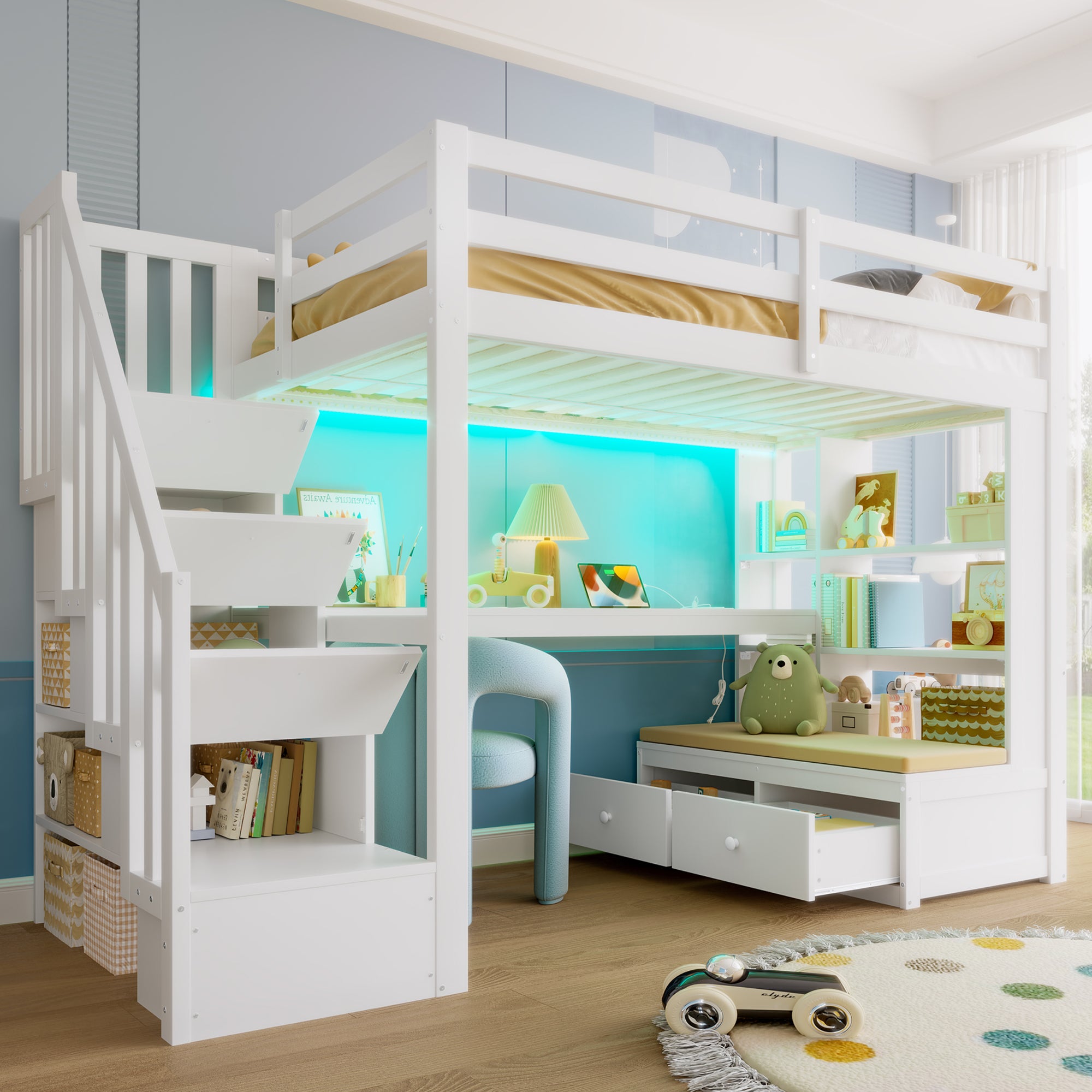 Lit Mezzanine 90x200 avec Bureau & Étagères, Lit Enfant Escalier de Rangement & 2 Tiroirs, Gain de Place Robuste pour Chambre, Épuré - Blanc - 4