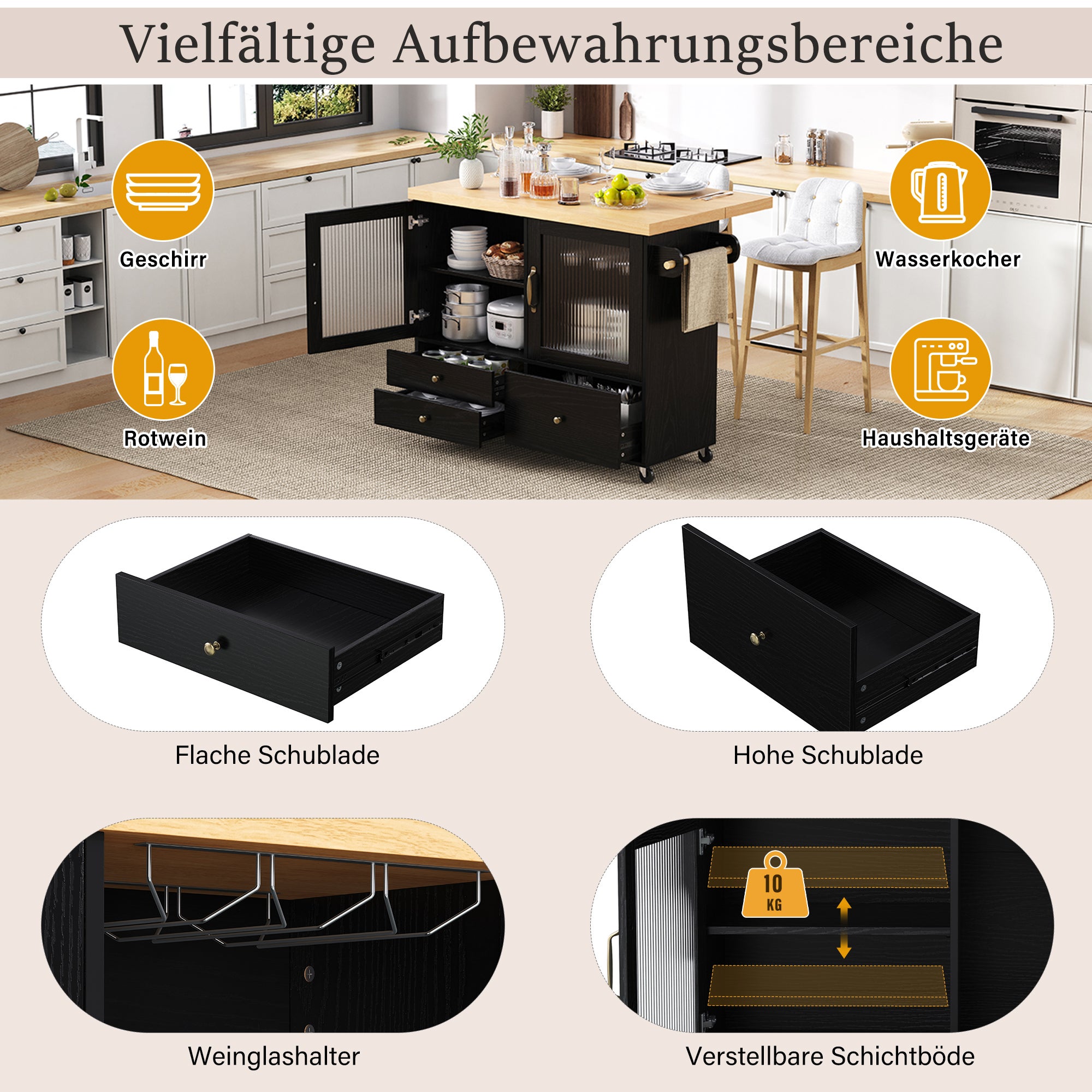 Mobilna wyspa kuchenna z 3 szufladami i 2 drzwiami - 100 x 42/70 x 91,5 cm - MDF - Rozkładany blat - Czarny + naturalny - 8