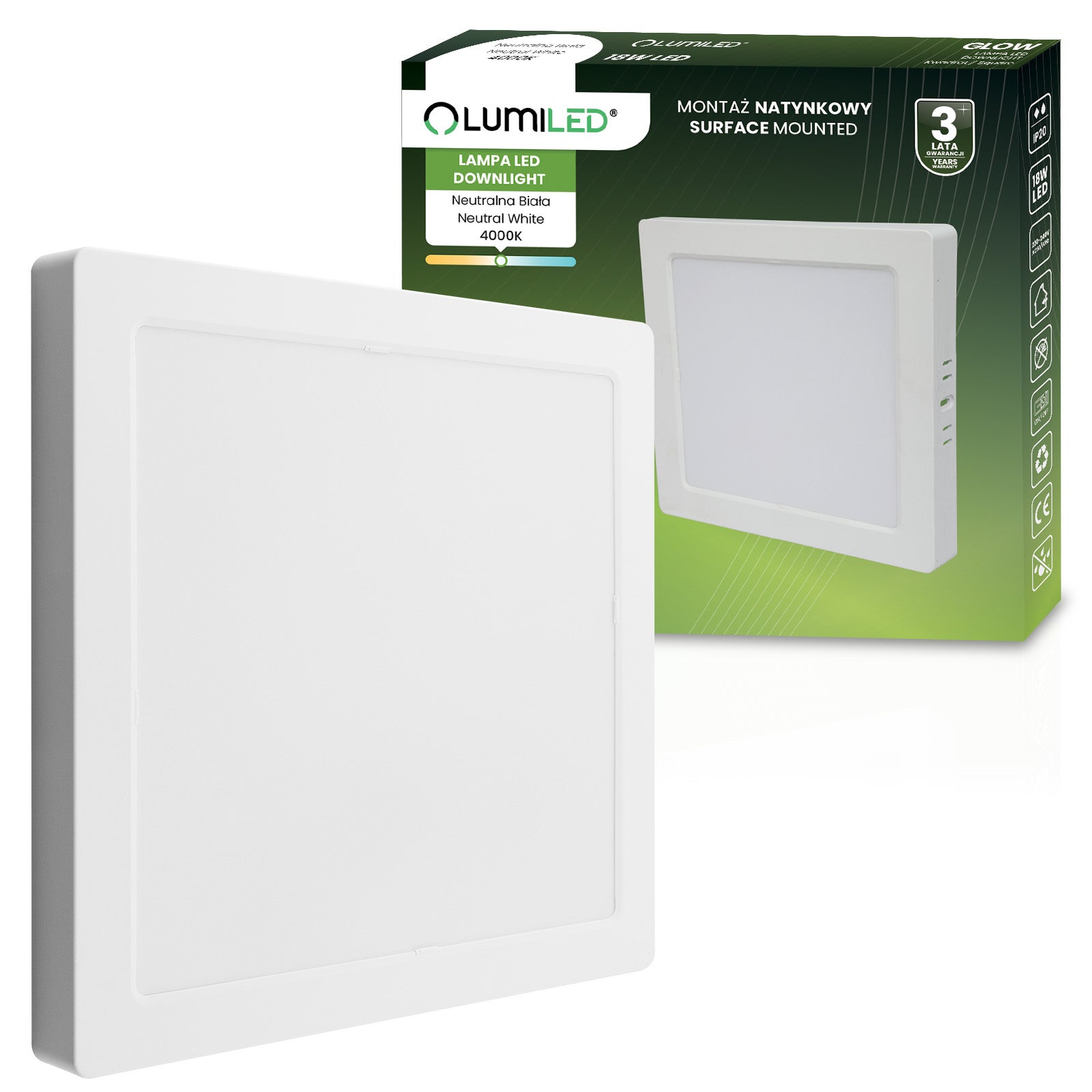 Oprawa Natynkowa Lumiled Lampa LED Sufitowa 18W Kwadrat 4000K Neutralna biel Biała 1 szt.