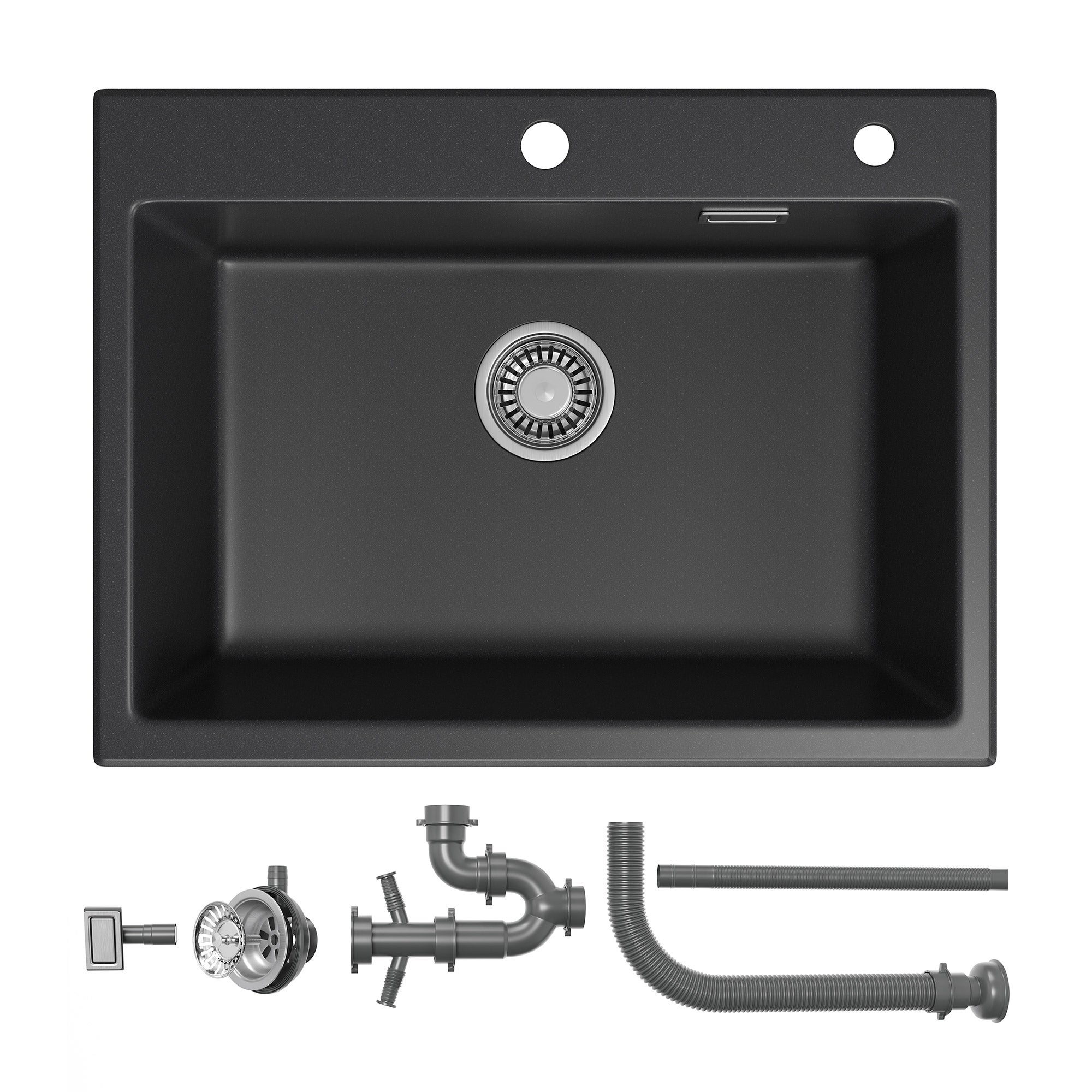 60x45 cm Évier de cuisine en quartz encastrable - évier encastré, grand évier de cuisine à 1 bac avec siphon, évier noir avec trou pour robinet HOROW - 8