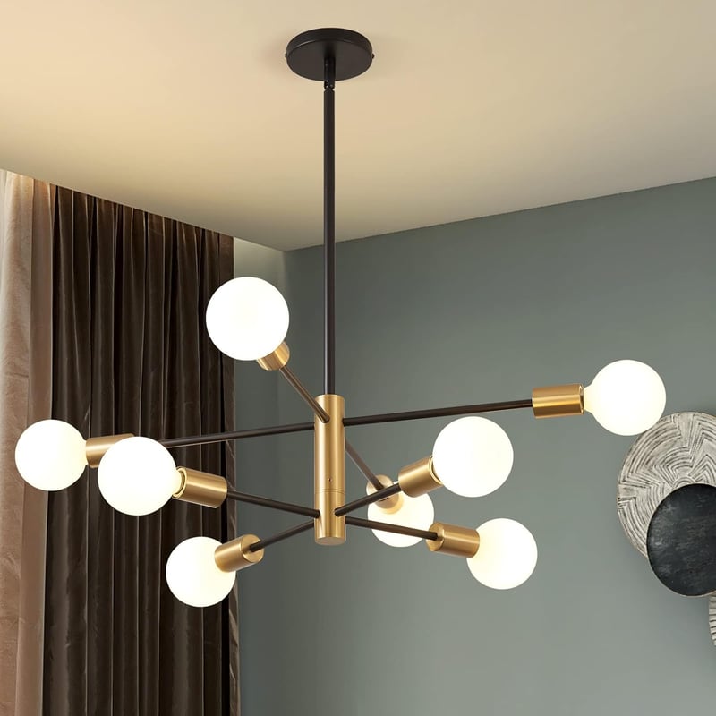 Żyrandol Sputnik, lampa wisząca 8-punktowa, lampa sufitowa w stylu retro industrial, nowoczesny żyrandol, czarno-złoty (bez białej żarówki)
